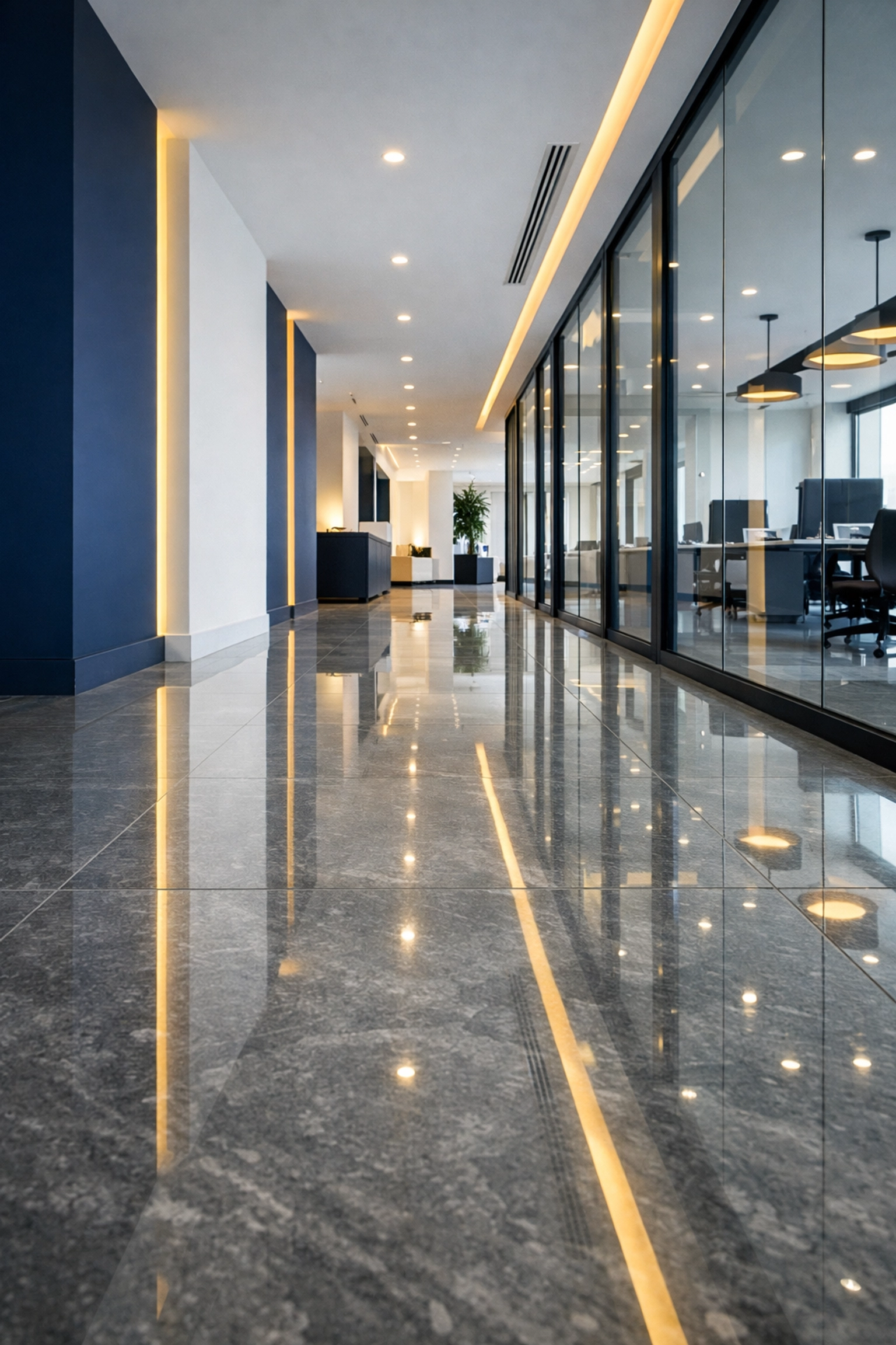 Clean and polished modern office hallway reflecting high professional cleaning standards in Saugus.
