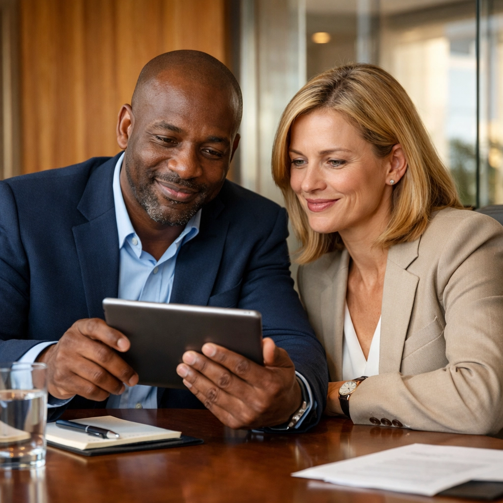 Strategic business partners reviewing financial growth data to scale their Atlanta company effectively.