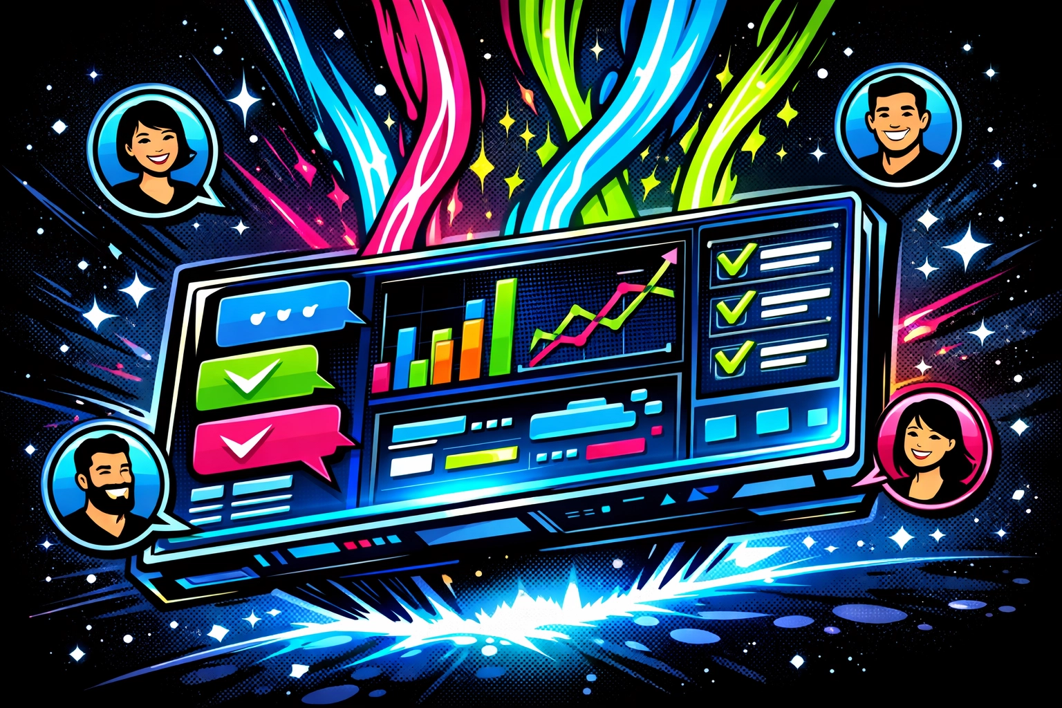 AI customer support dashboard displaying automated conversation metrics and satisfied customer interactions
