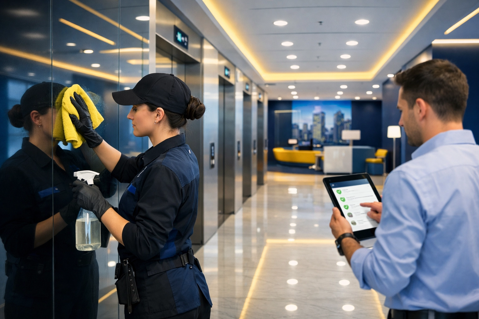 Commercial janitorial staff cleaning a Boston office, demonstrating expert cleaning services near me for businesses.