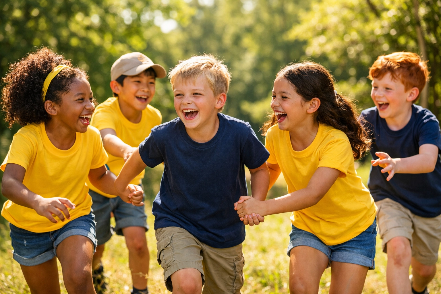Happy children wearing matching yellow and navy custom t-shirts in a sunny summer camp forest clearing.
