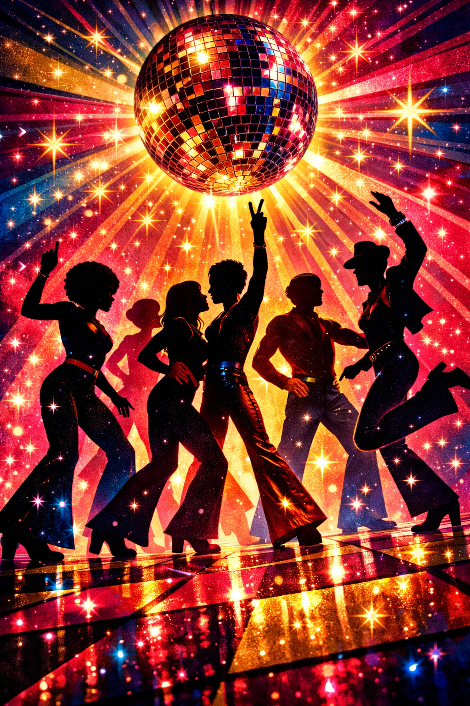 LGBTQ+ dancers celebrating on disco dance floor with mirror ball reflections and joyful energy