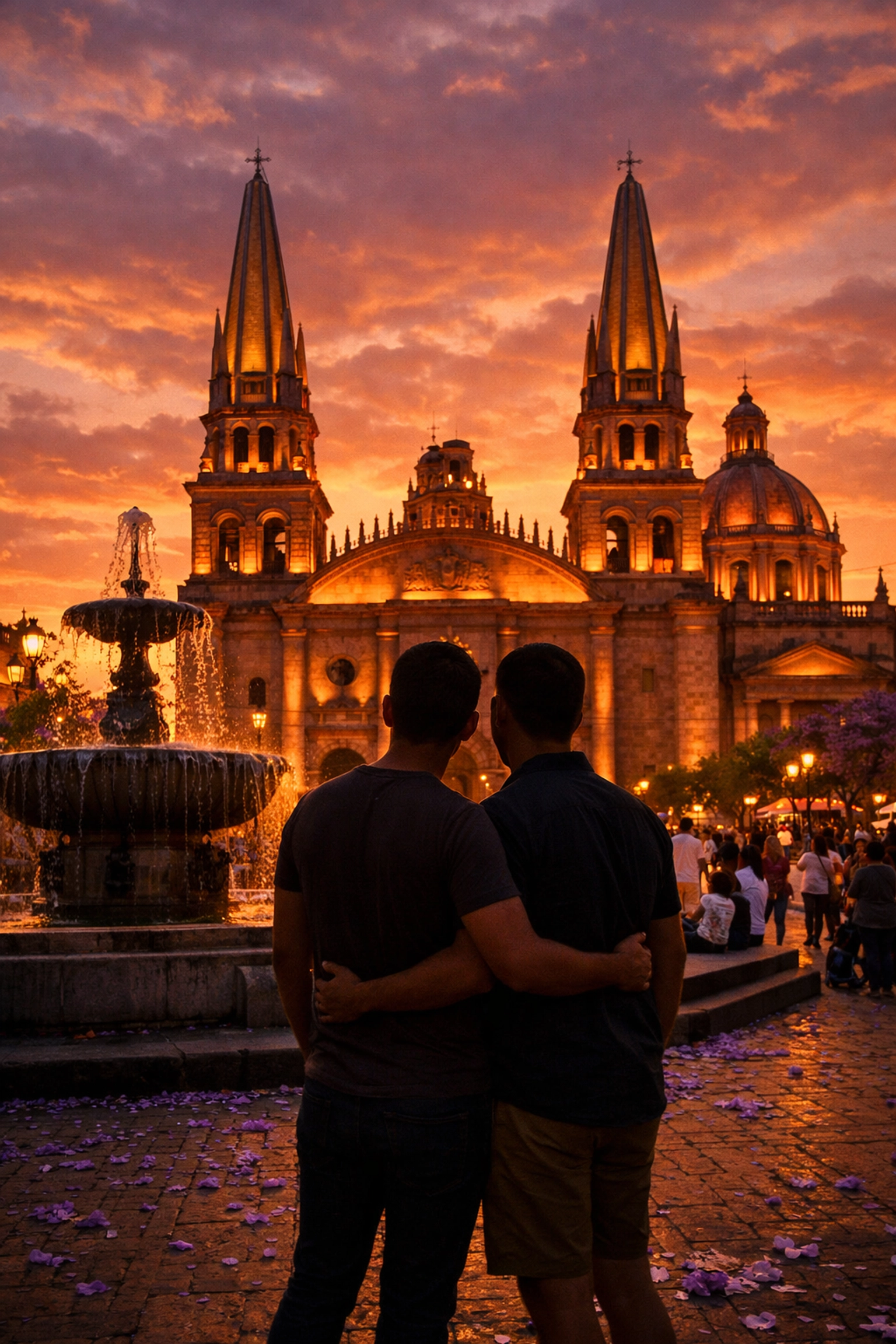 Two men at Plaza Guadalajara Cathedral during sunset, sharing a romantic moment at the fountain
