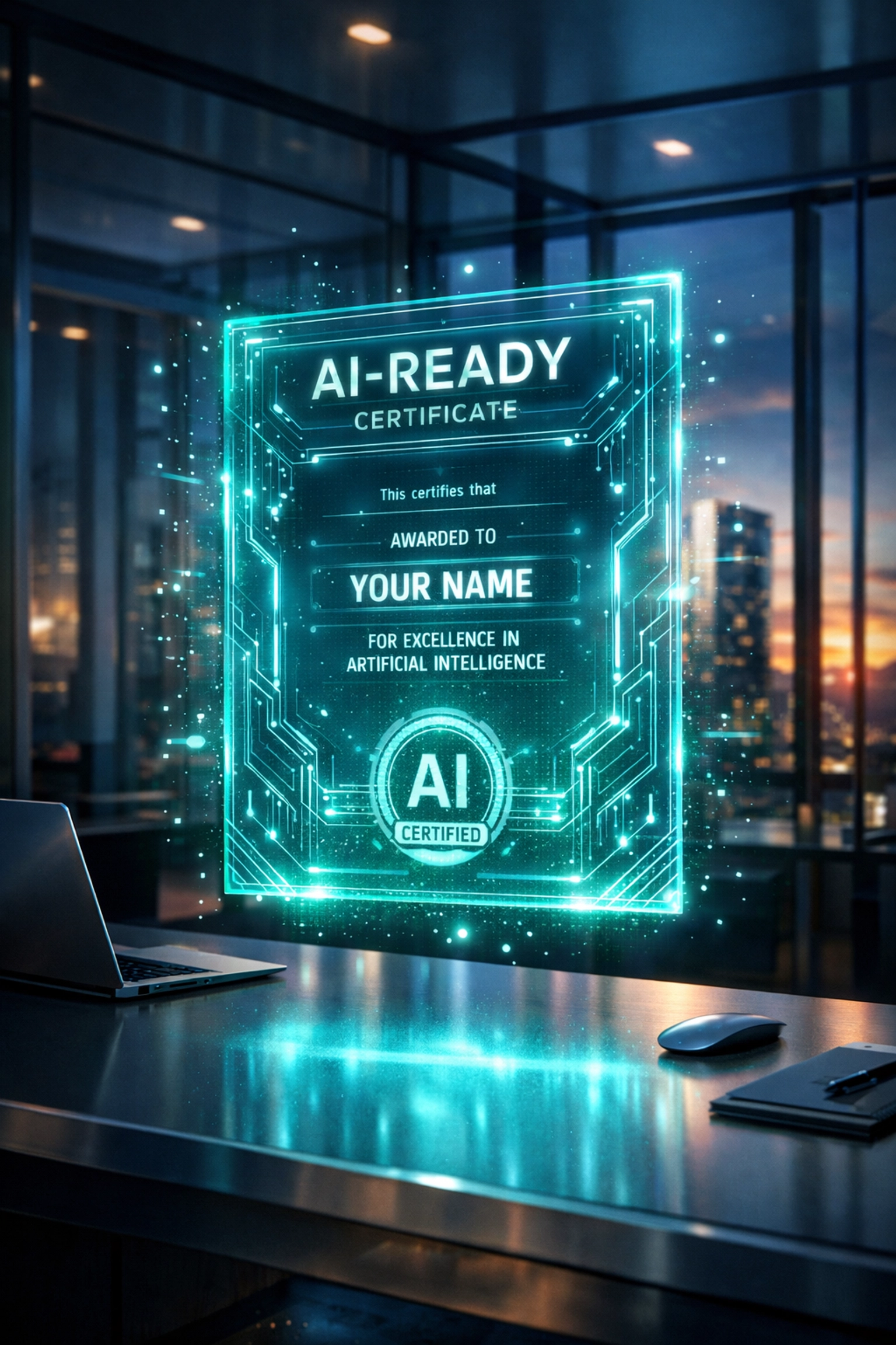 Digitales Zertifikat für KI-Kompetenz über einem modernen Büroschreibtisch.