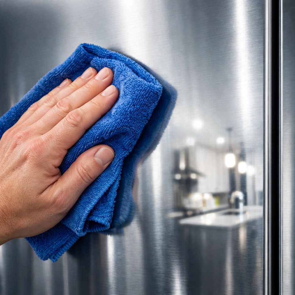 Deep cleaning Westborough experts using a microfiber cloth to polish stainless steel appliances.