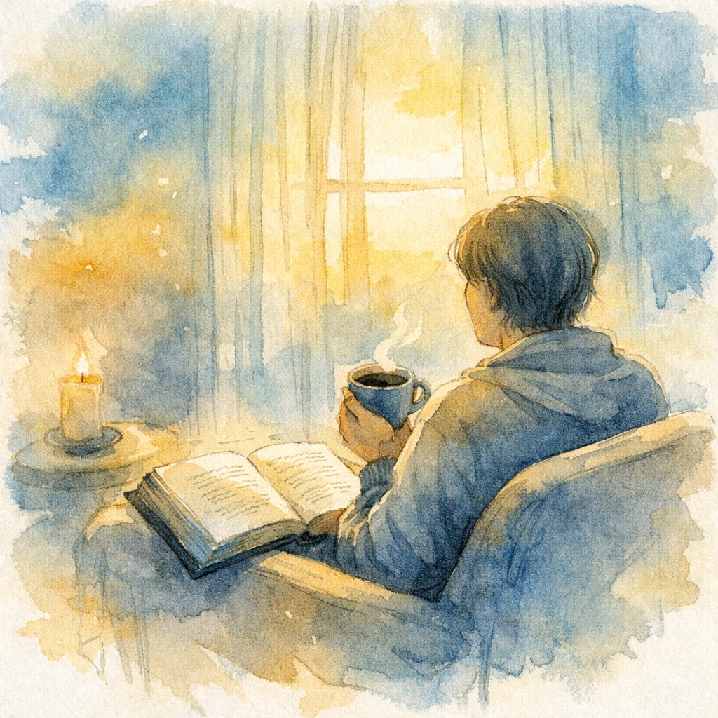 Parent reading Bible with coffee during peaceful morning devotional time