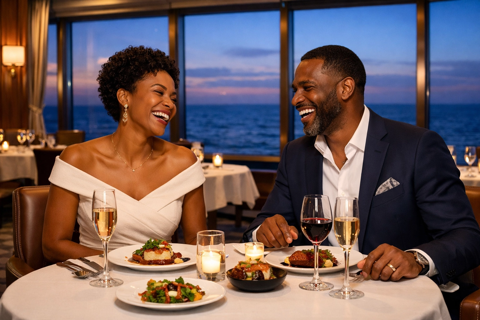 Couple enjoying specialty dining on a luxury cruise ship, part of high-value luxury cruise deals.