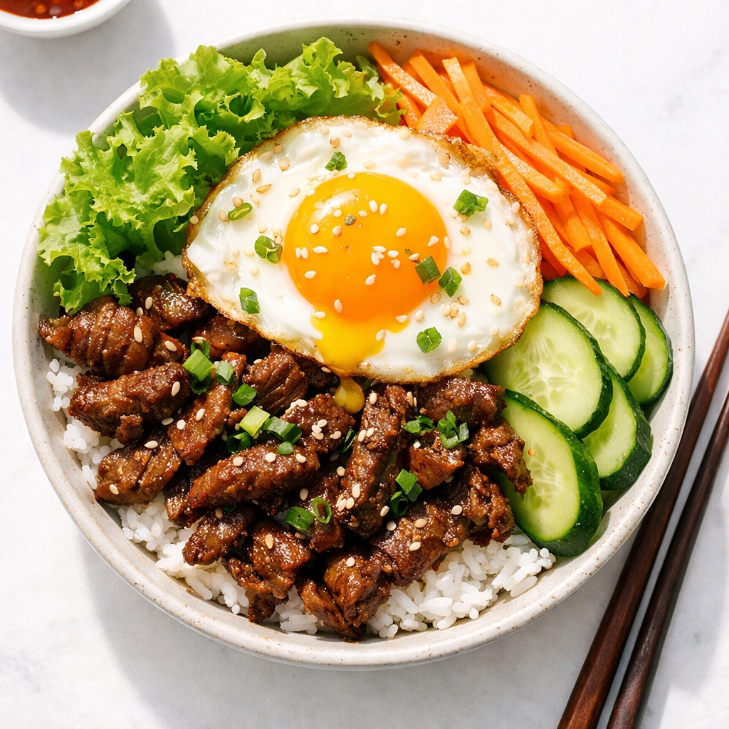 Bulgogi rice bowl topped with marinated beef, sunny-side-up egg, and fresh vegetables