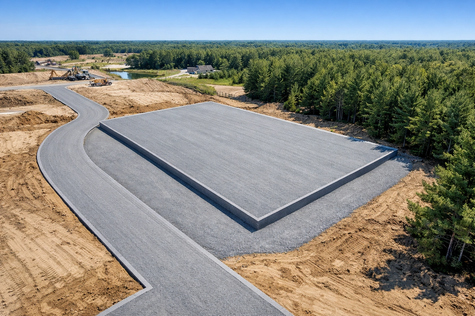 Expertly graded gravel driveway and building site in Clarkston, MI, showing smooth, level terrain.