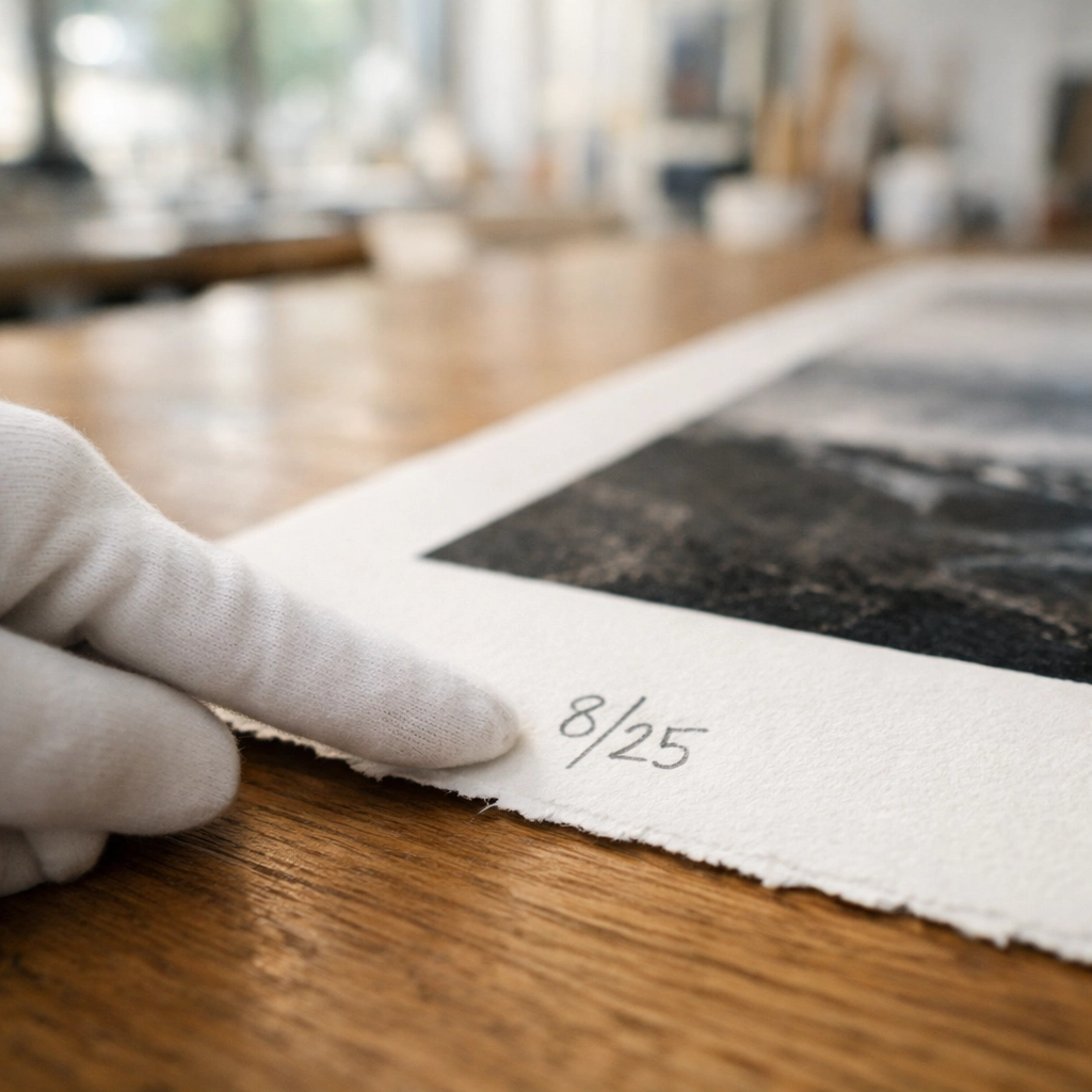 Hand in white glove pointing to the numbering on limited edition photography prints in a studio.