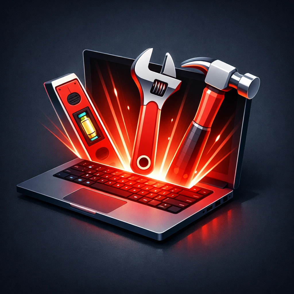 Illustration of tradesman tools and a laptop representing professional website design services.