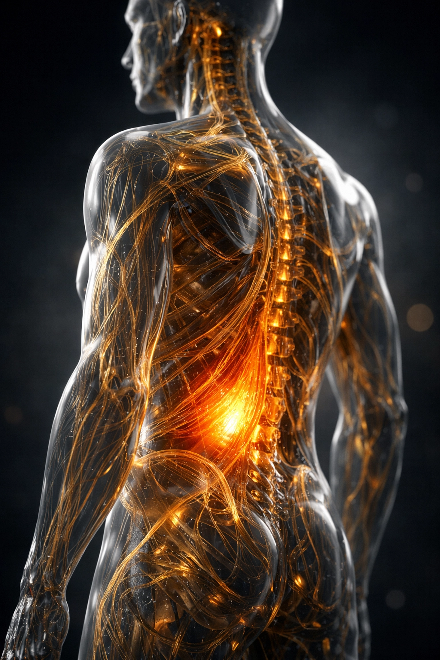 Visual representation of the psoas muscle and fascia system storing survival energy and stress.