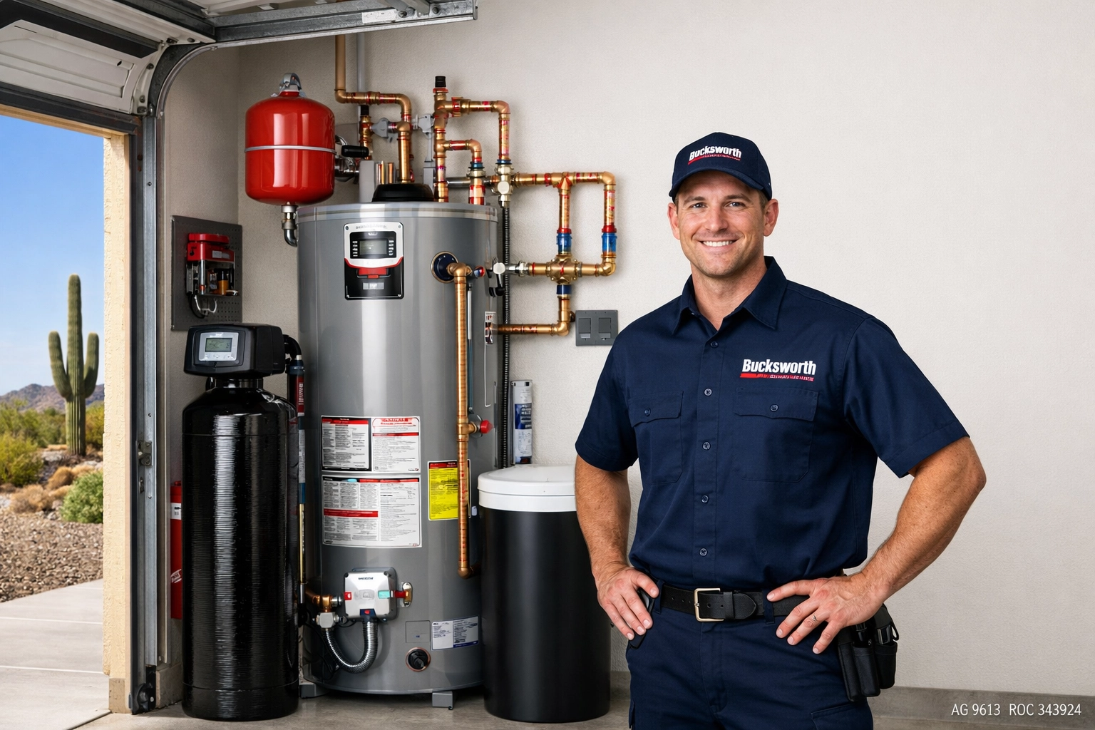 Bucksworth technician with a new water heater and softener installation in a Cave Creek Arizona garage.