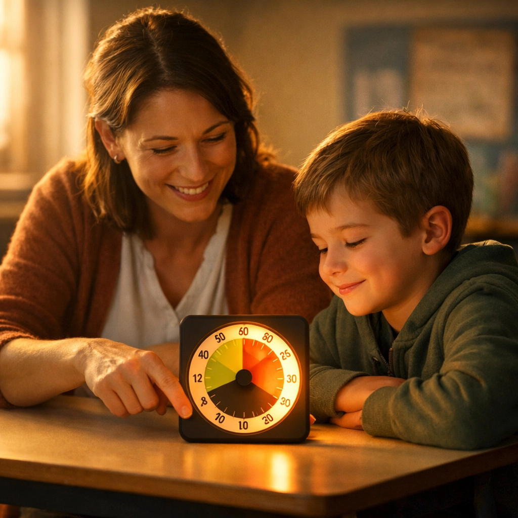 A teacher and student using a visual timer, showcasing compassionate inclusive classroom strategies for transitions.