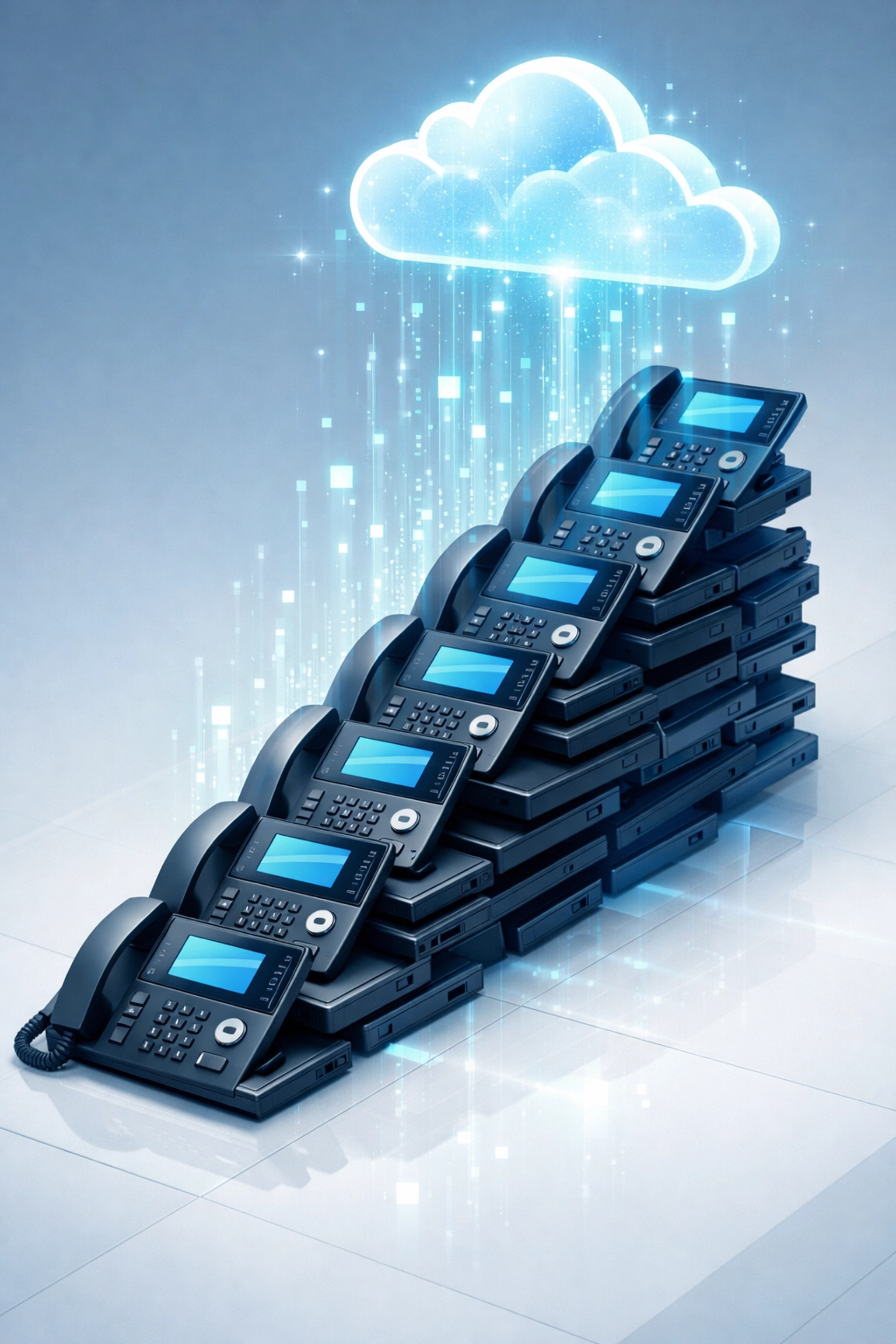 Modern IP desk phones connecting to cloud PBX services for a scaling Canadian corporation.