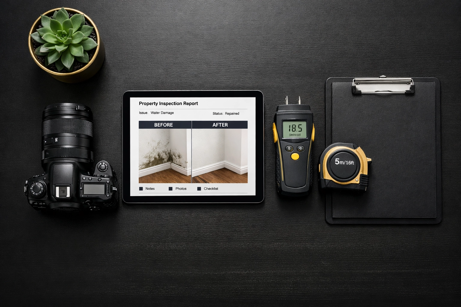 Property inspection equipment including camera and inventory software for check-out reports