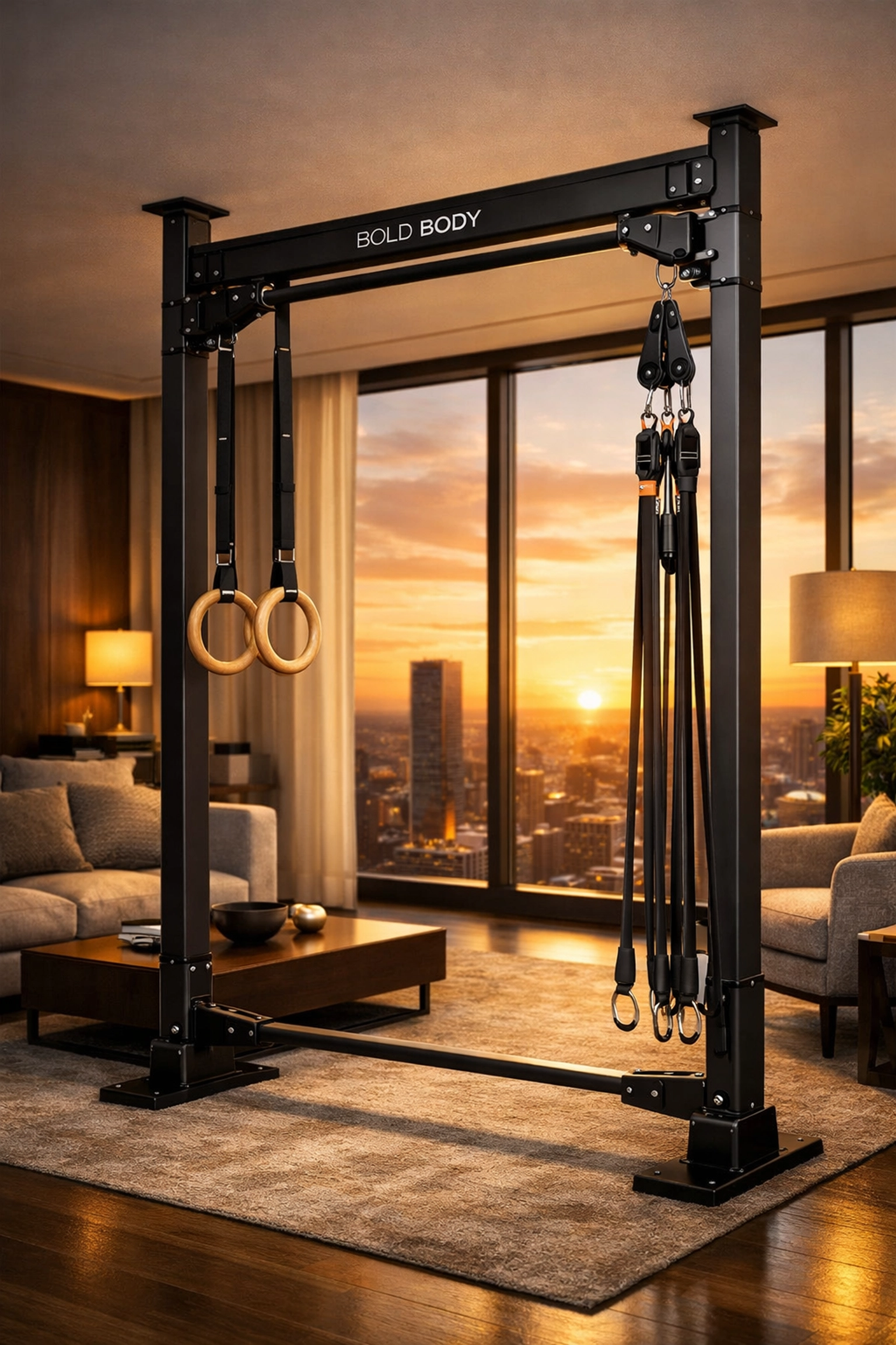 The versatile Resistance Rail home gym system featuring rings and bands with a no wall damage design.