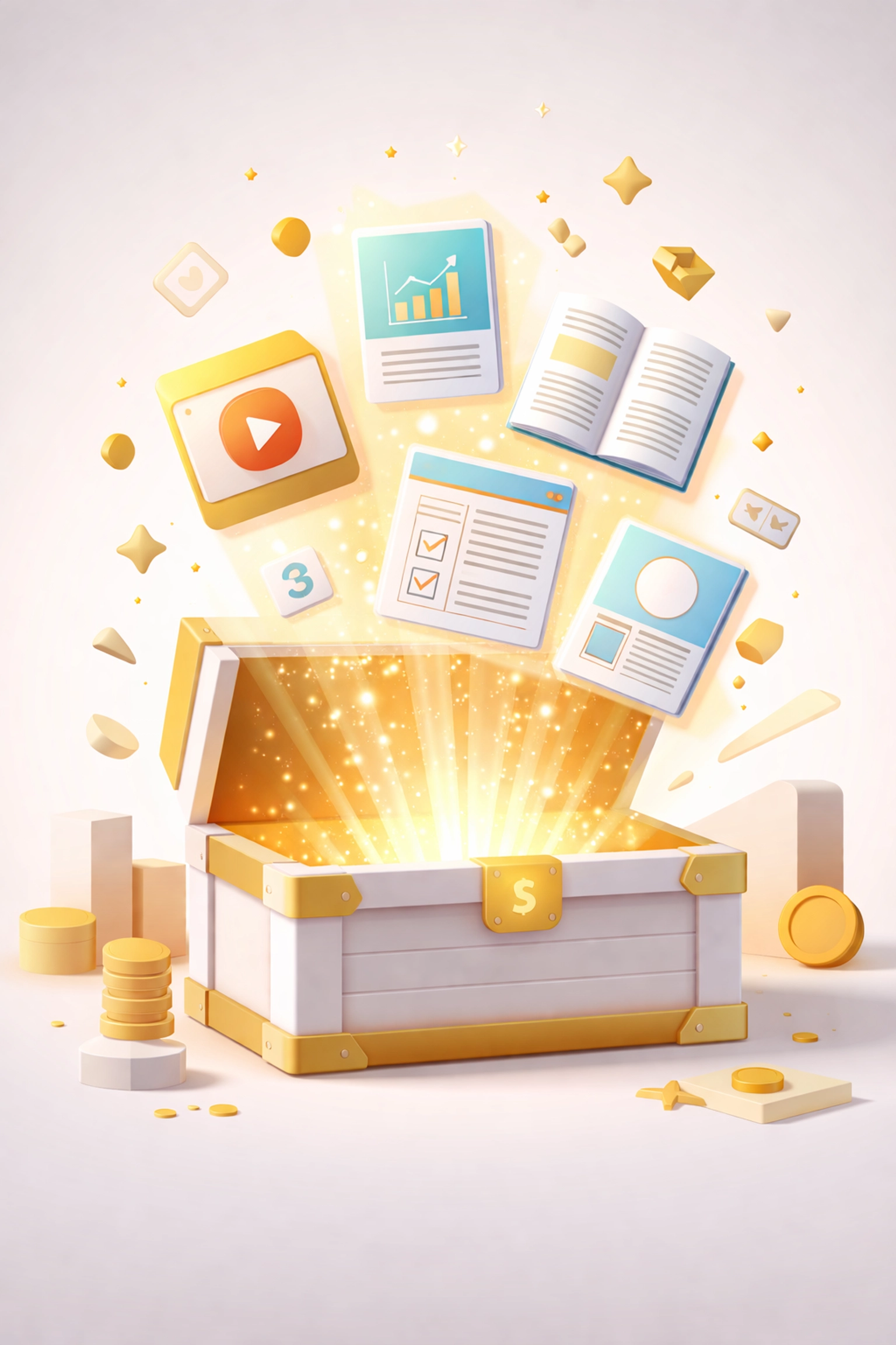 Treasure chest opening to reveal digital products like ebooks and courses, symbolizing PLR products for instant income