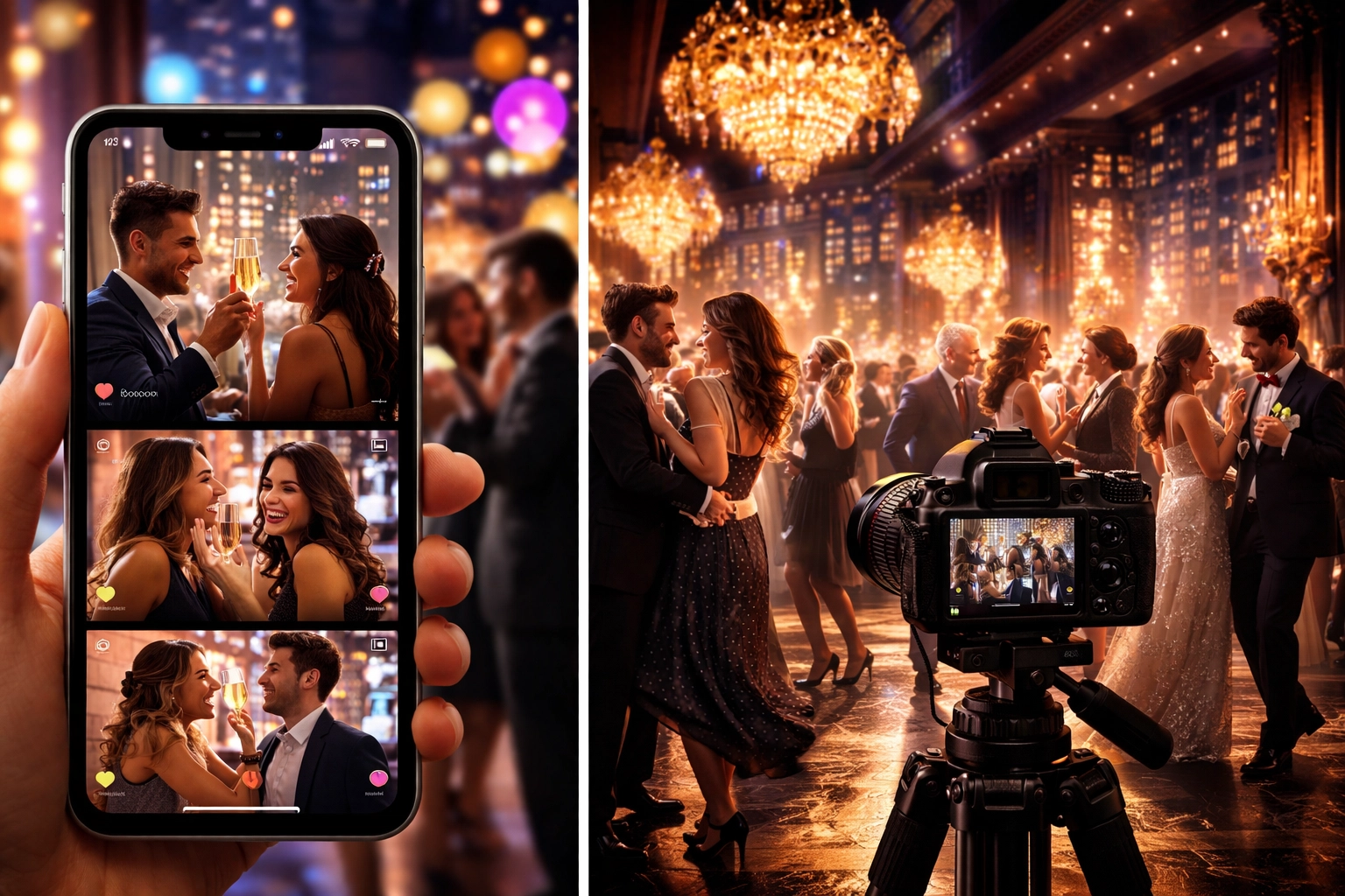 Split view of social media content and cinematic film from luxury event, showcasing instant sharing versus lasting memories.