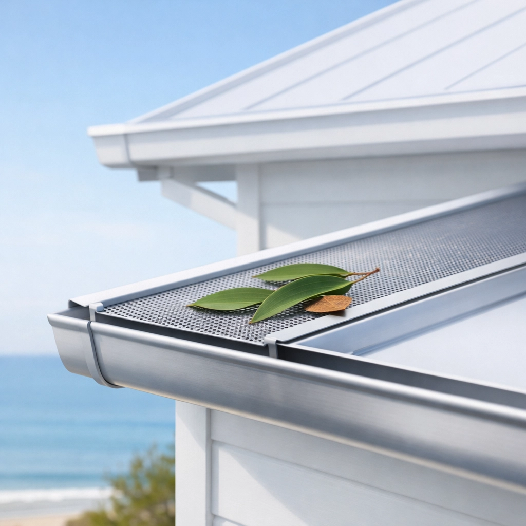 Clean modern metal gutter and gutter guard installed on a coastal Northern Beaches home.