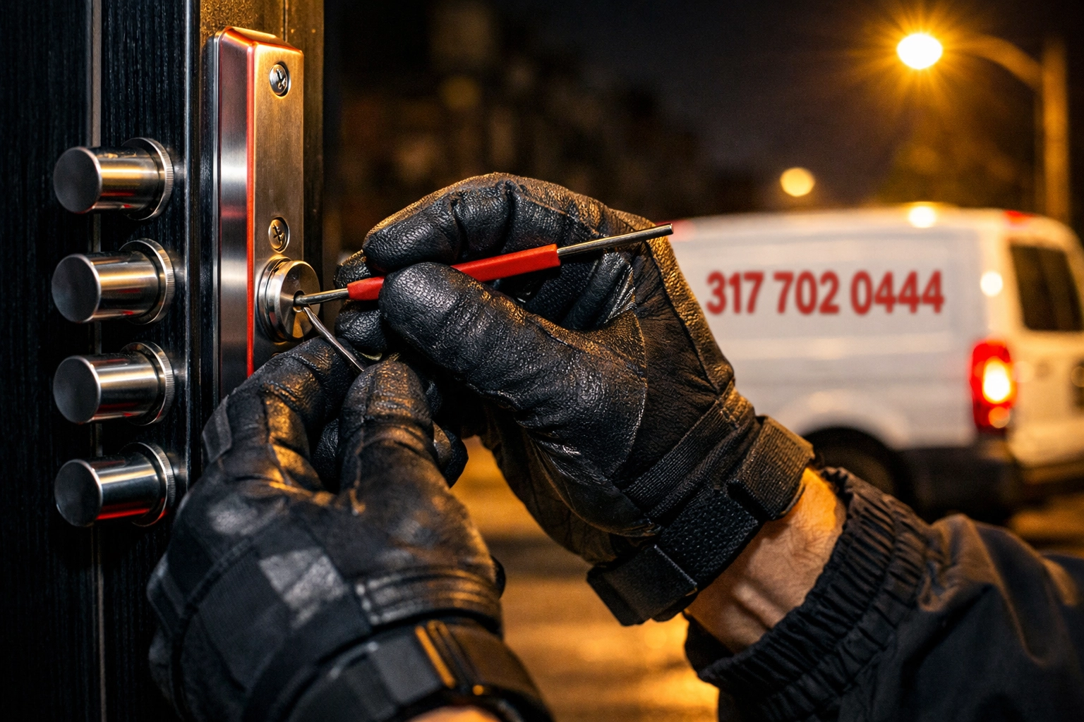 24 hour locksmith Indianapolis technician repairing a door lock with an emergency service van in the background.