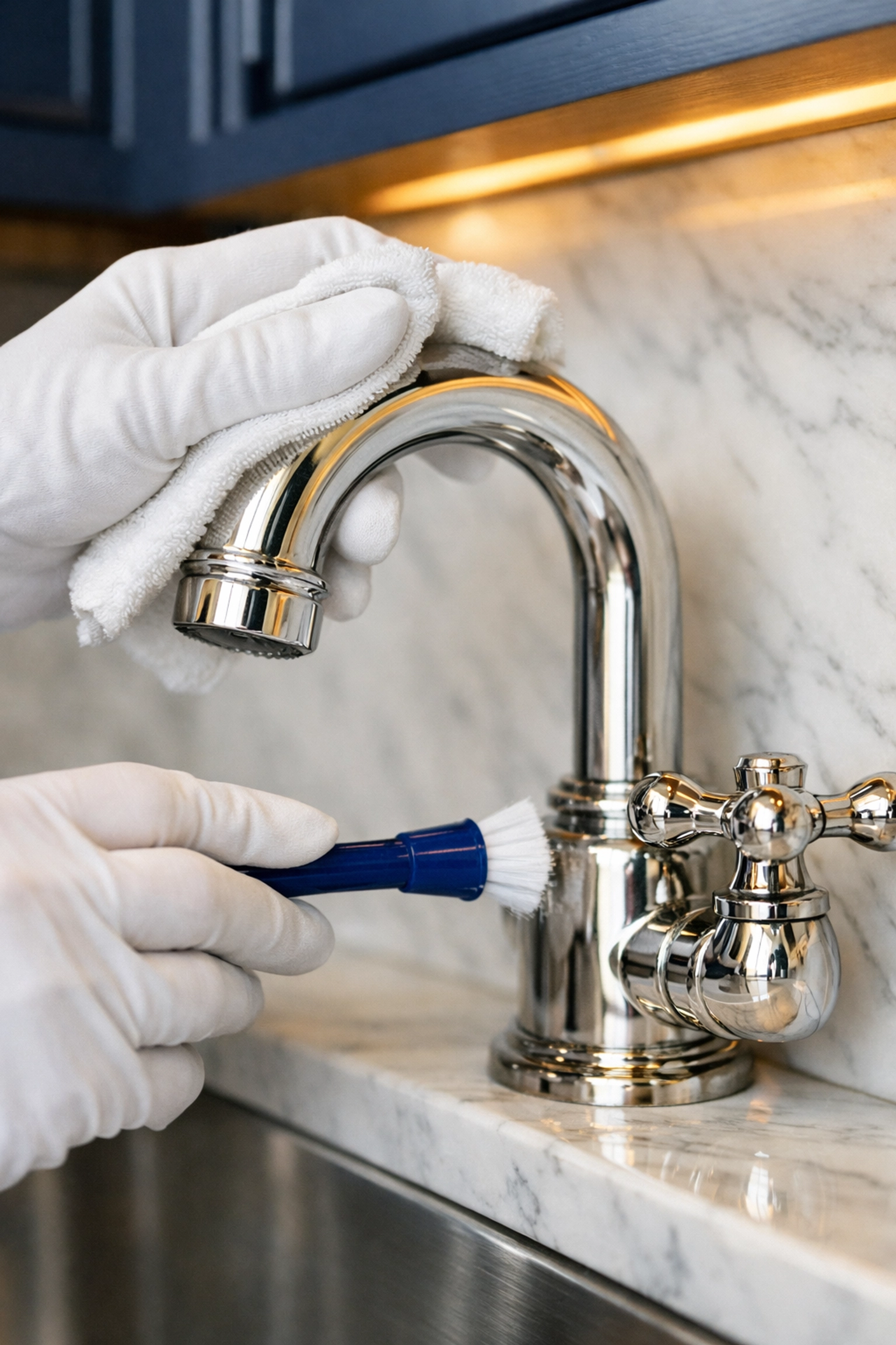 Professional cleaners detailing a nickel faucet and marble kitchen in a luxury Manchester-by-the-Sea home.