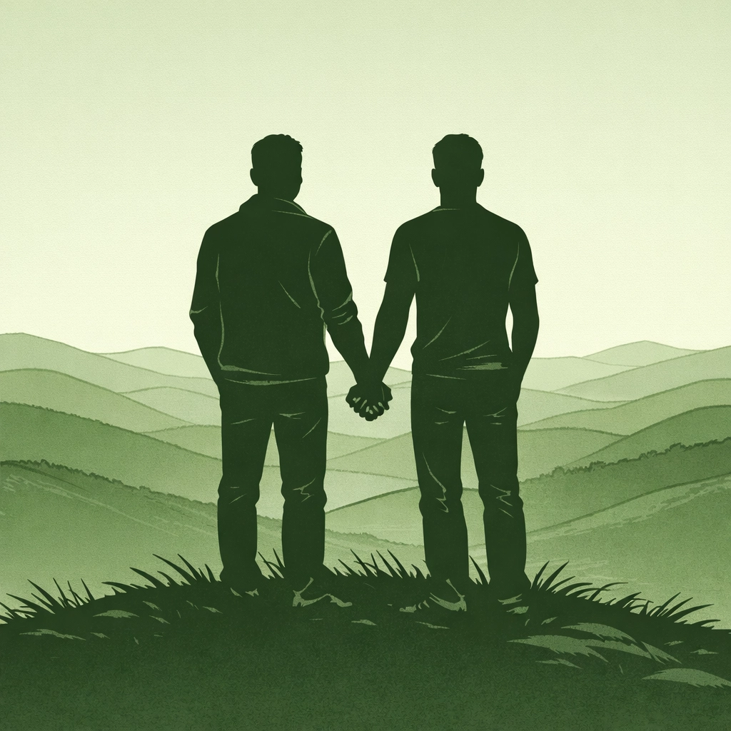 MM couple standing together on a hill, representing the enduring emotional connection found in queer literature.