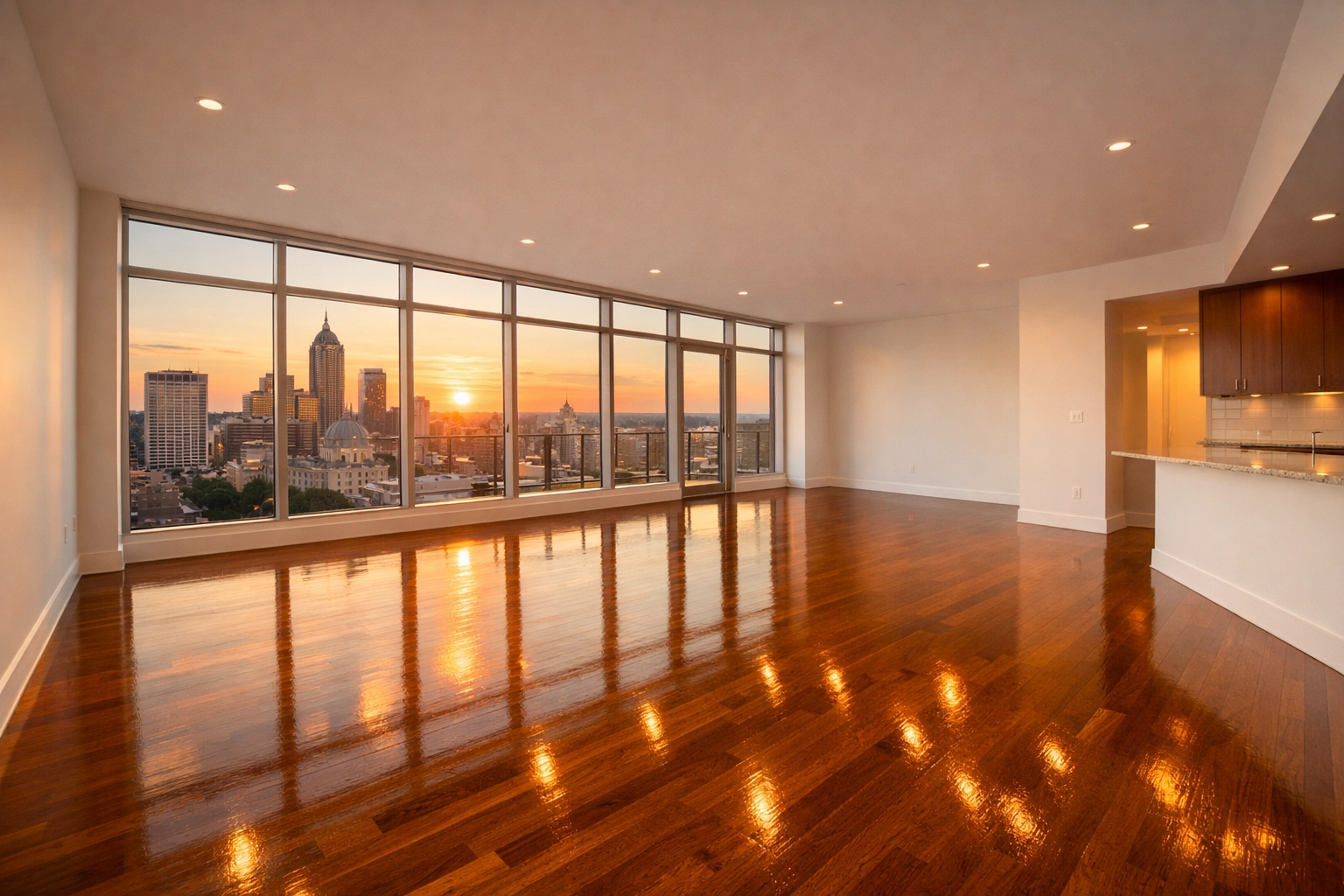 Spotless luxury apartment in Indianapolis with polished hardwood floors ready for a new tenant move-in.