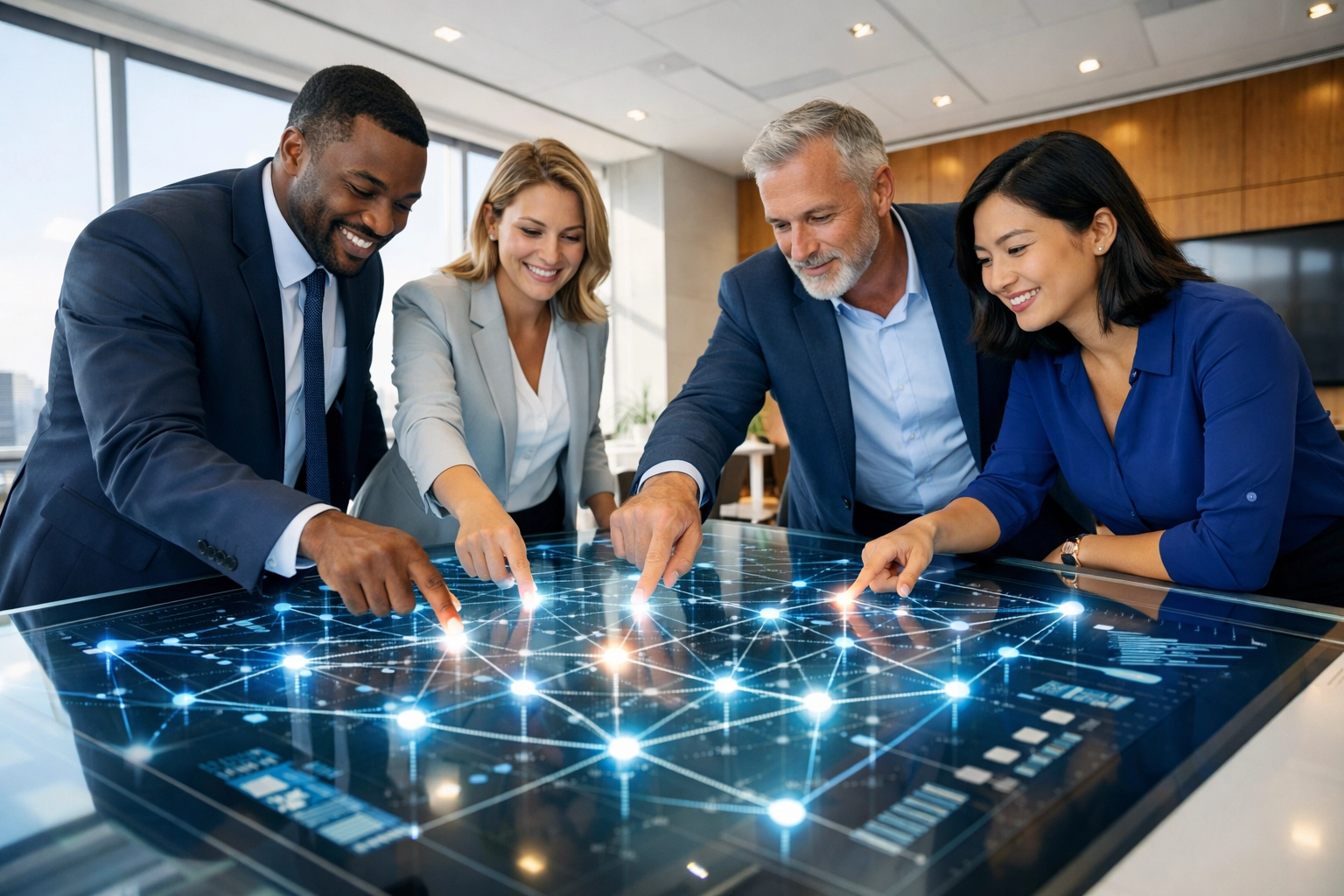 Business team undergoing cyber security training to identify phishing and network threats.