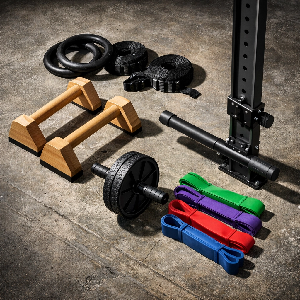 Essential calisthenics equipment for home including rings, parallettes, and resistance bands