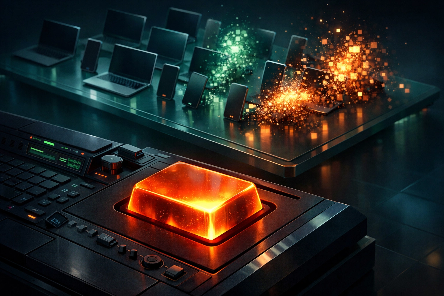 Digital illustration showing the destructive power of a remote wipe command on business laptops and mobile devices.