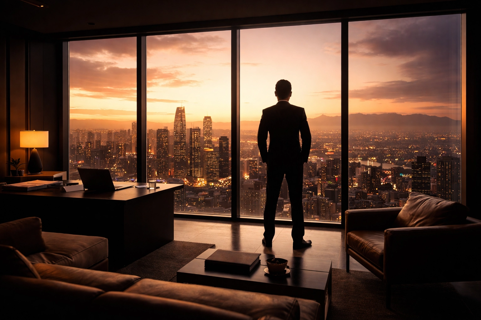 Investor overlooking a city skyline at sunset, conveying confidence and strategic vision in private equity allocation.