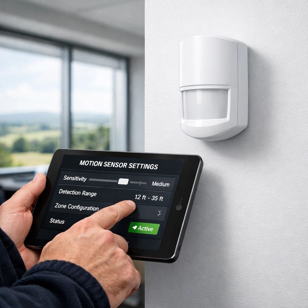Professional technician calibrating a wall-mounted motion sensor in a modern Taunton office space.