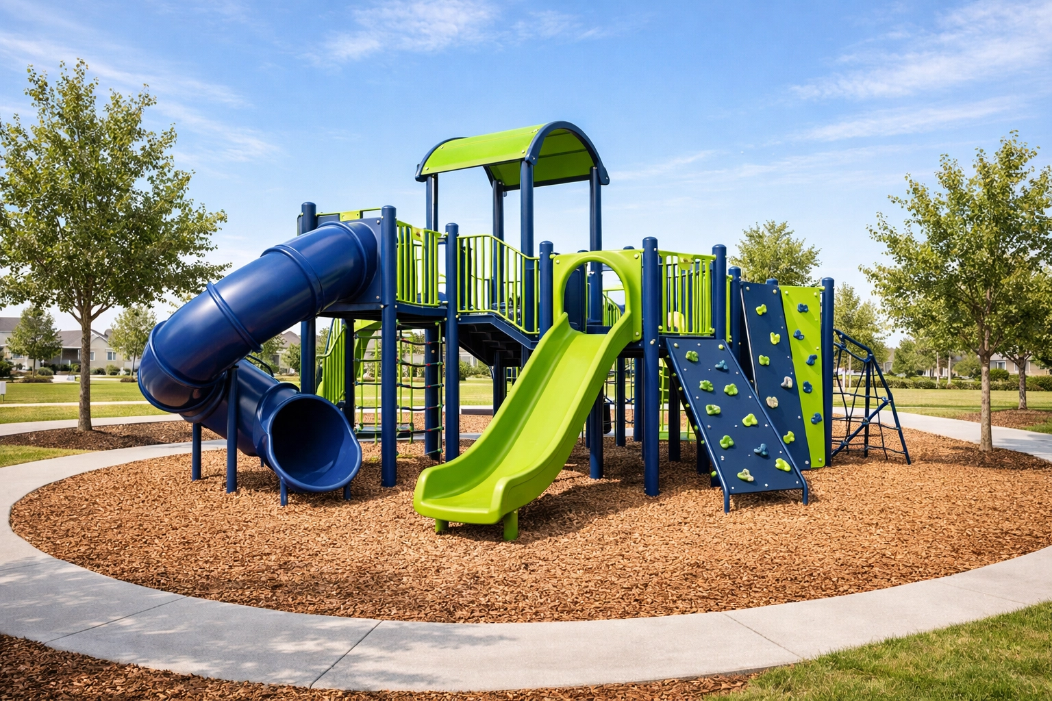 New children's playground with modern slides and safe mulch at Post Oak in Terrell, TX.