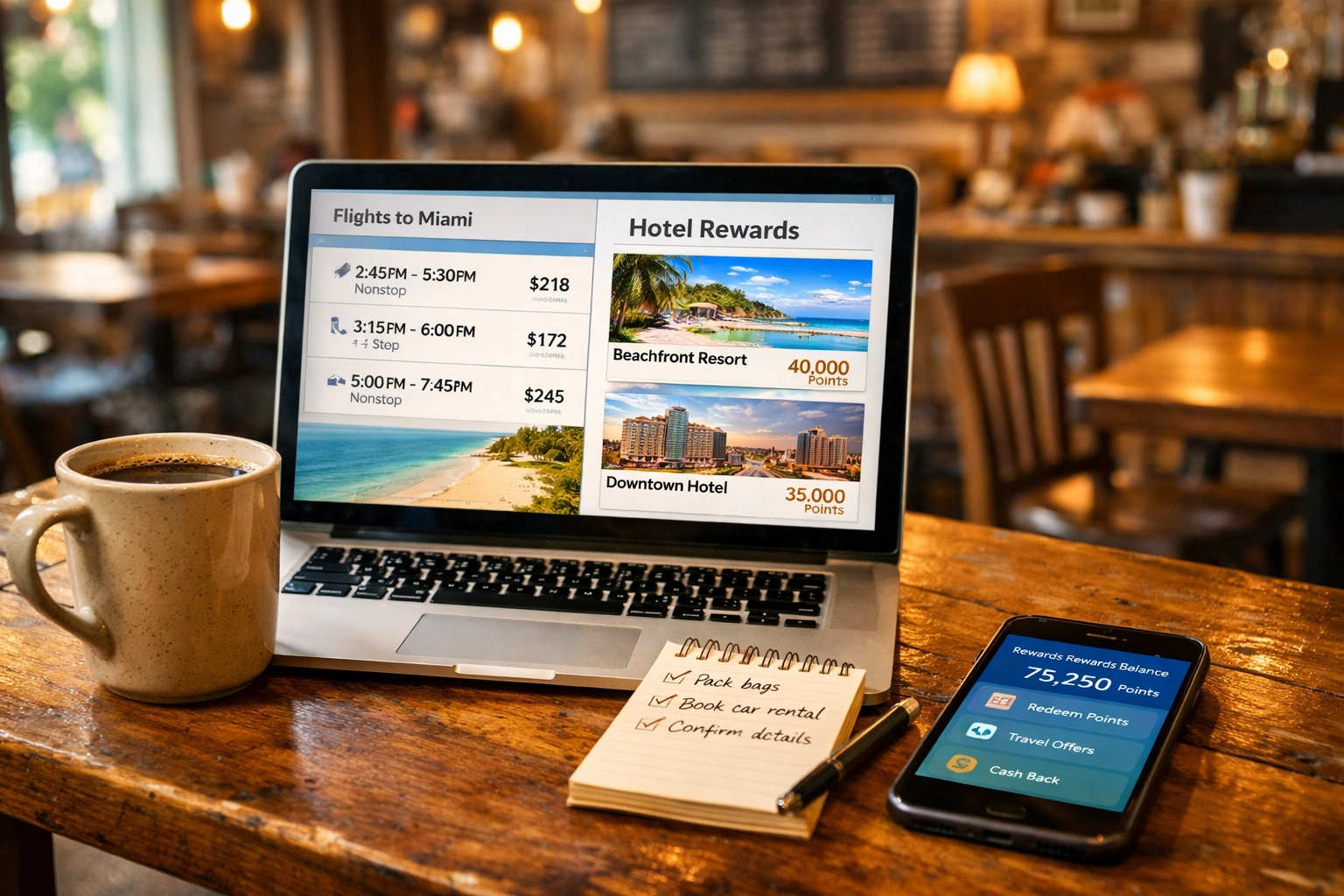 Planning travel rewards redemption on laptop at Fredericksburg Virginia coffee shop