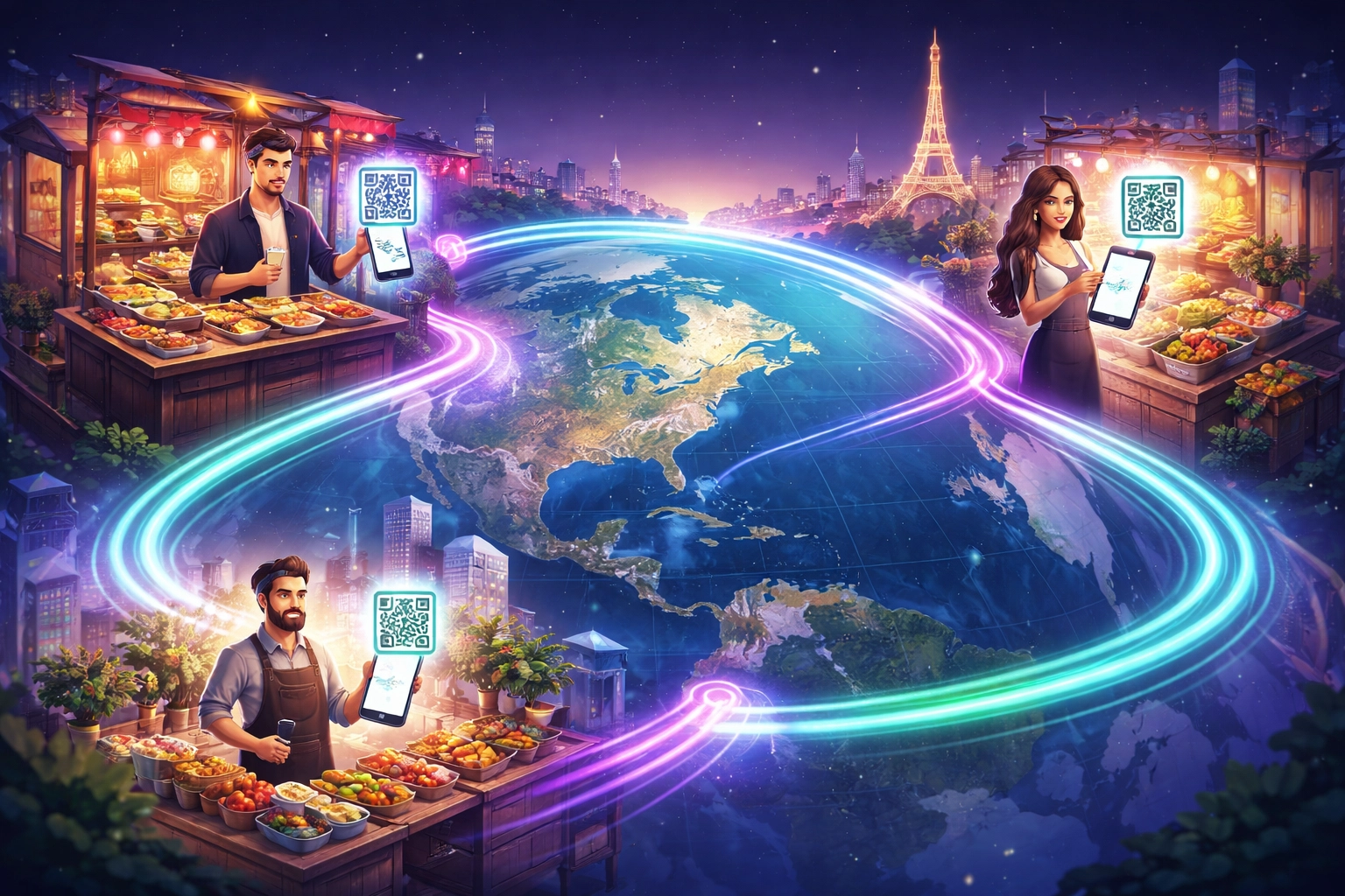 Global marketplace with merchants using QR codes for Web3 crypto payments, showing seamless international commerce