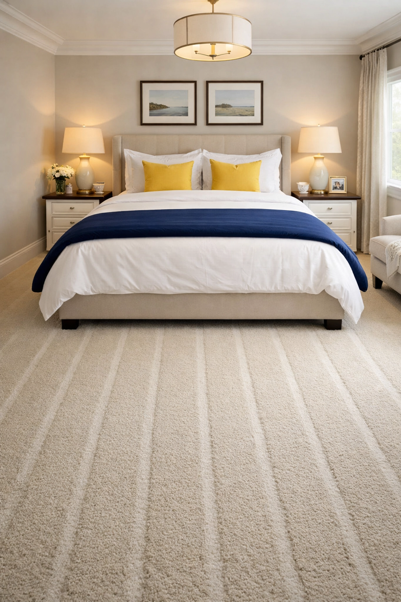 Clean master bedroom in Westford, MA, with fresh vacuum lines on a plush carpet after a professional visit.
