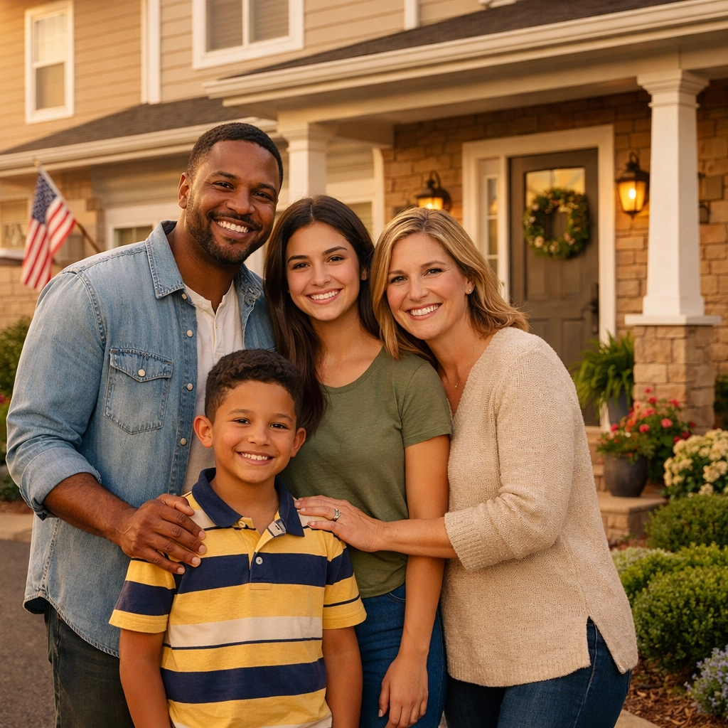 Happy family in front of their Middletown DE rental home with manicured landscaping