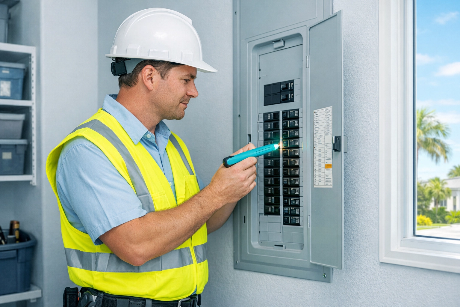 Licensed 24-hour electrician inspecting a home electrical panel for emergency troubleshooting in Florida.