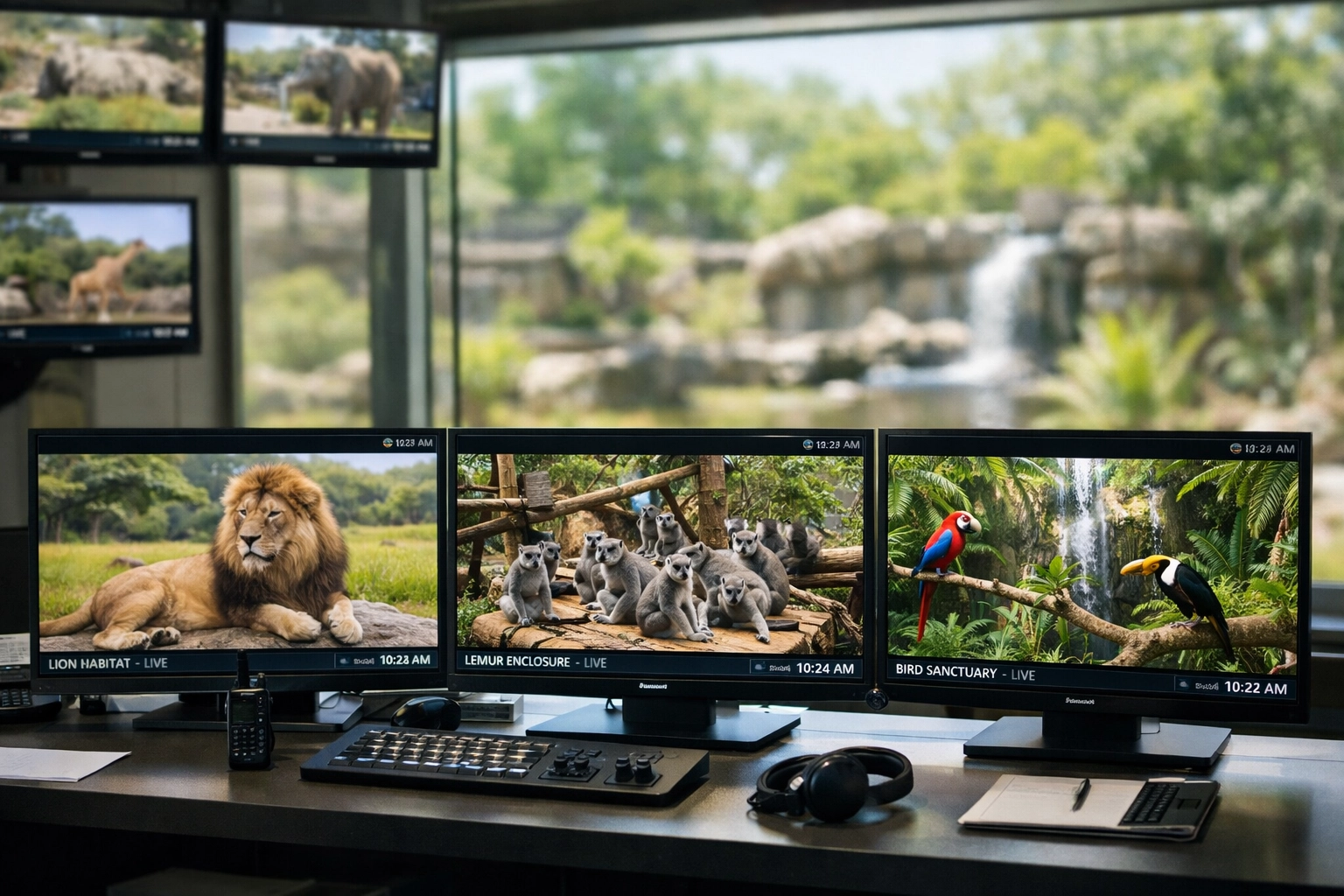 Modern zoo monitoring station displaying real-time animal habitat feeds for data tracking.