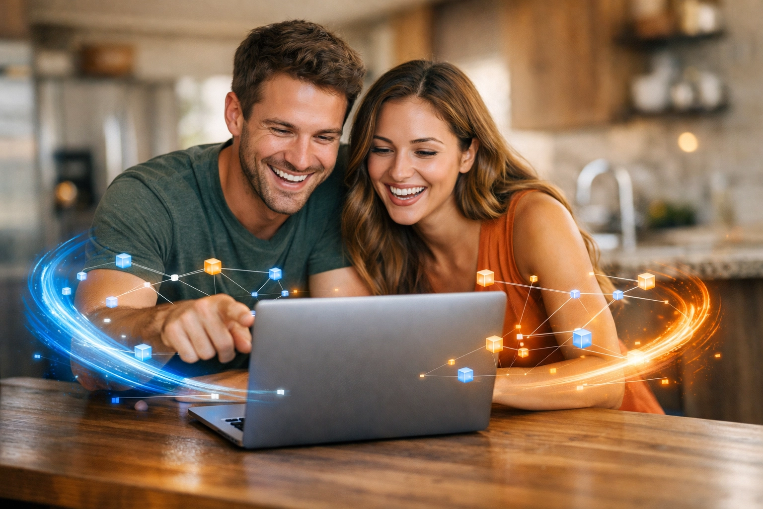 Arizona couple happily reviewing their transparent flat-fee home sale details on a laptop. Arizona couple happily reviewing their transparent flat-fee home sale details on a laptop.