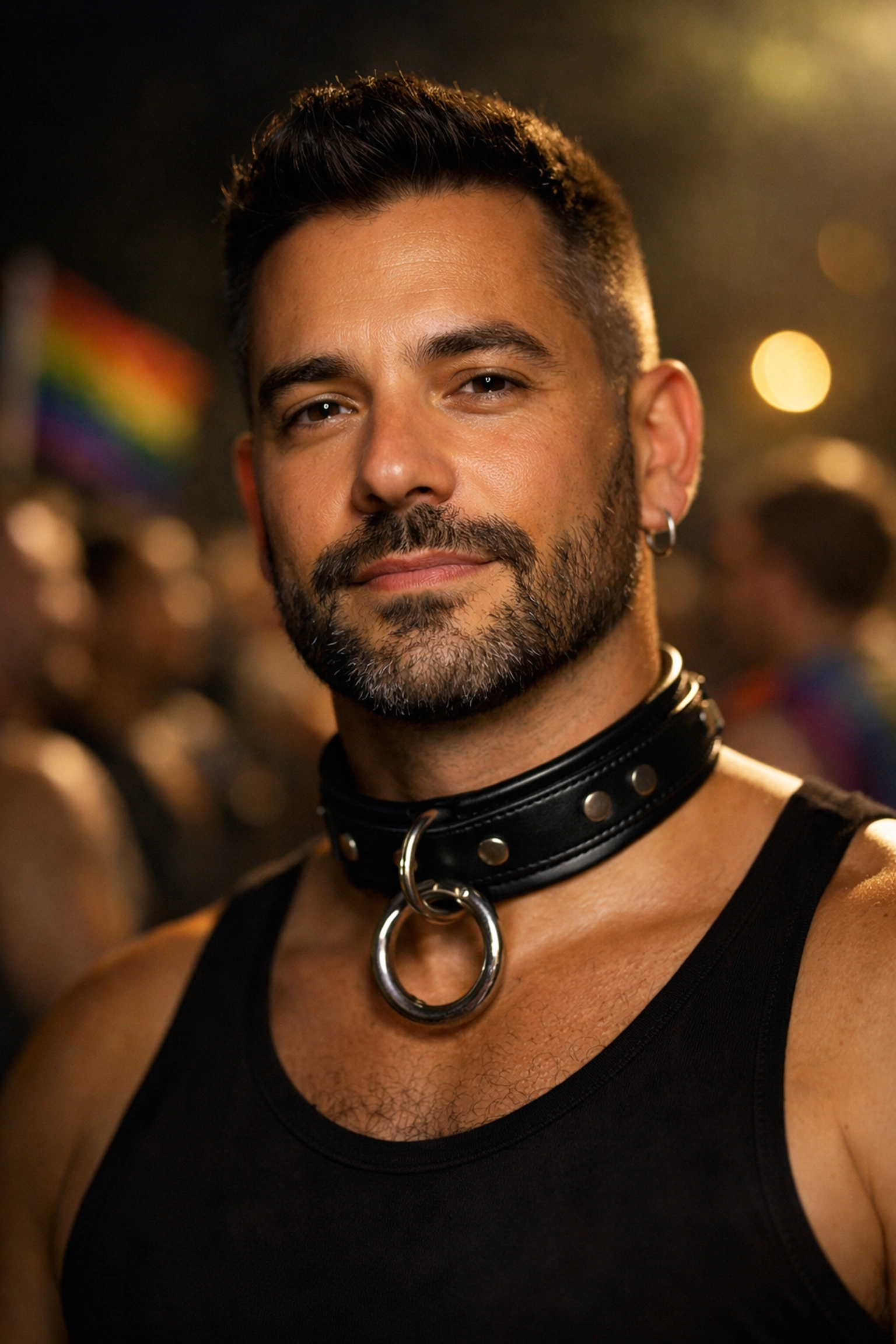 Confident gay man in puppy play collar radiating self-acceptance and authenticity