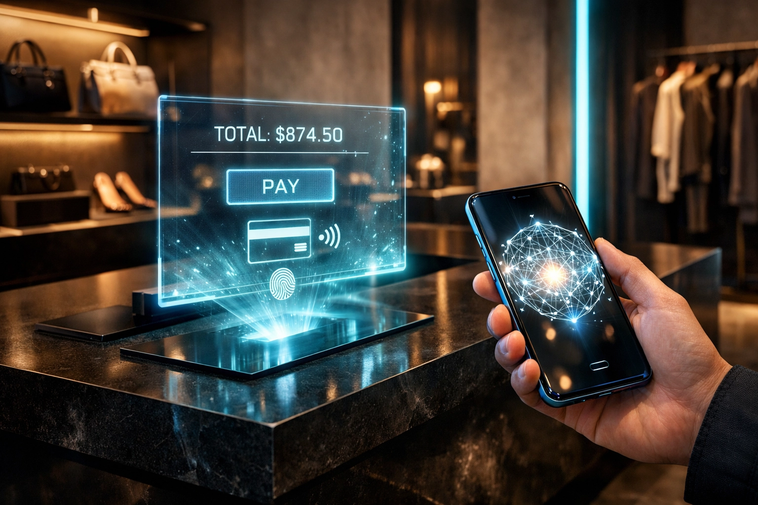 Smartphone scanning a holographic QR code at a futuristic crypto POS terminal in a high-end boutique storefront.