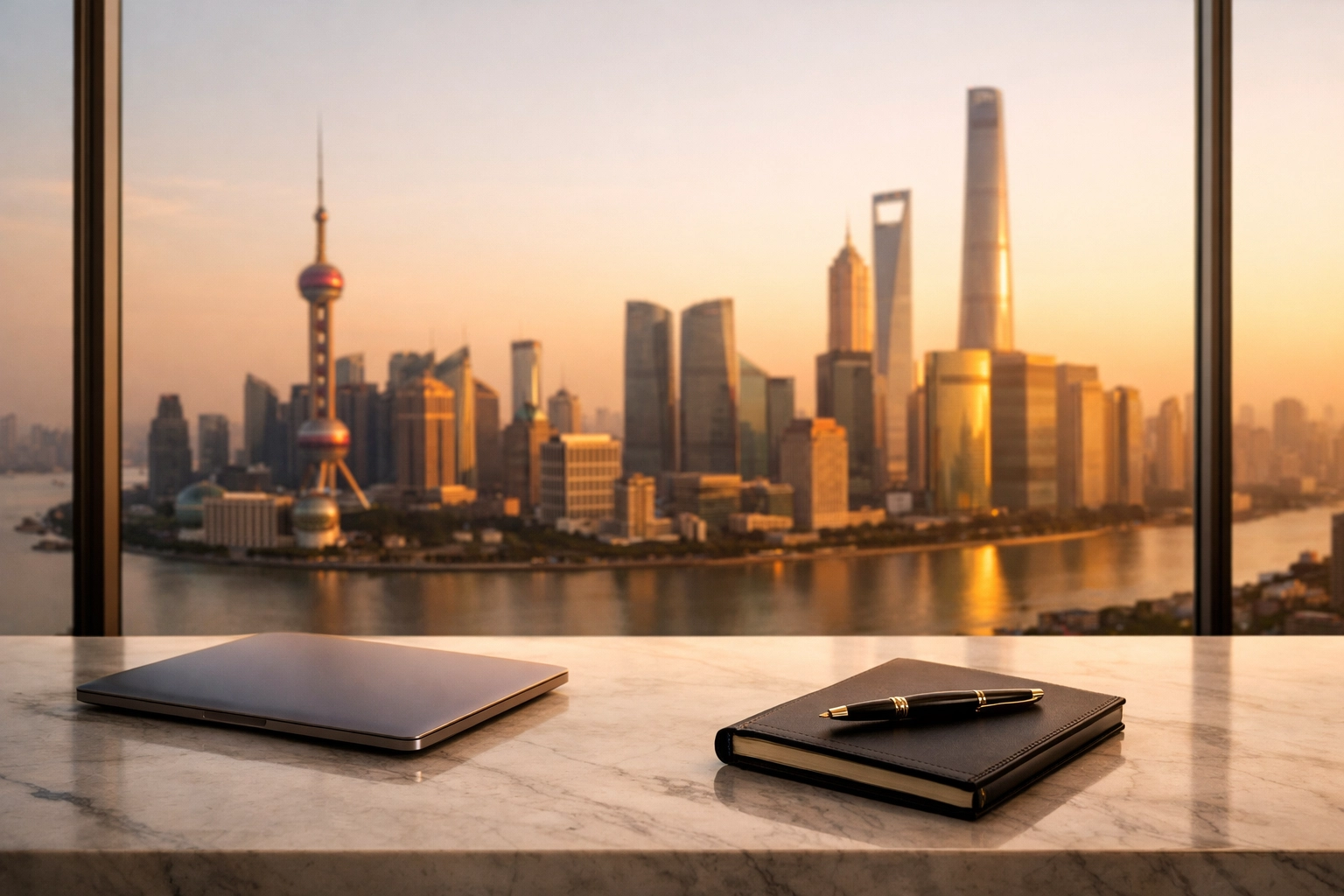 Modern executive suite overlooking a global financial hub representing international judgment enforcement.