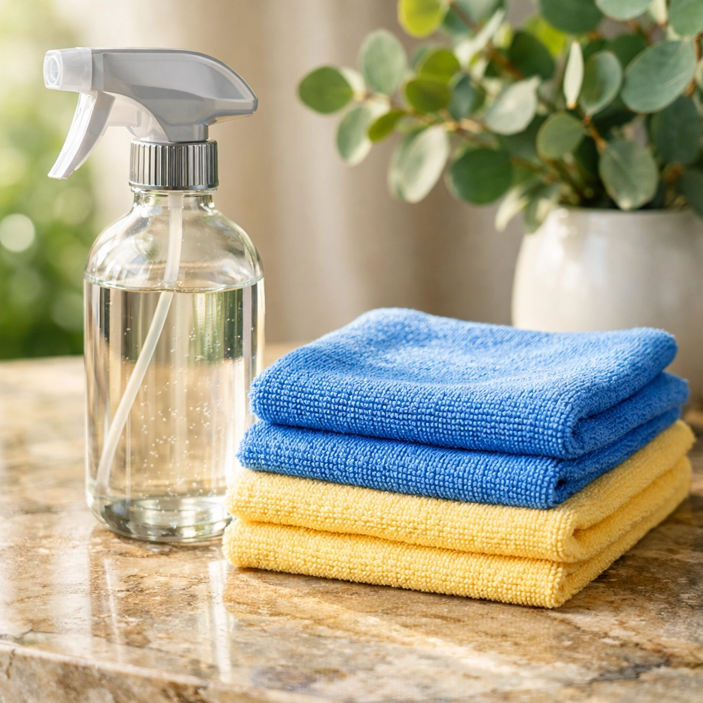 Eco-friendly supplies for residential cleaning Massachusetts on a polished natural stone surface.