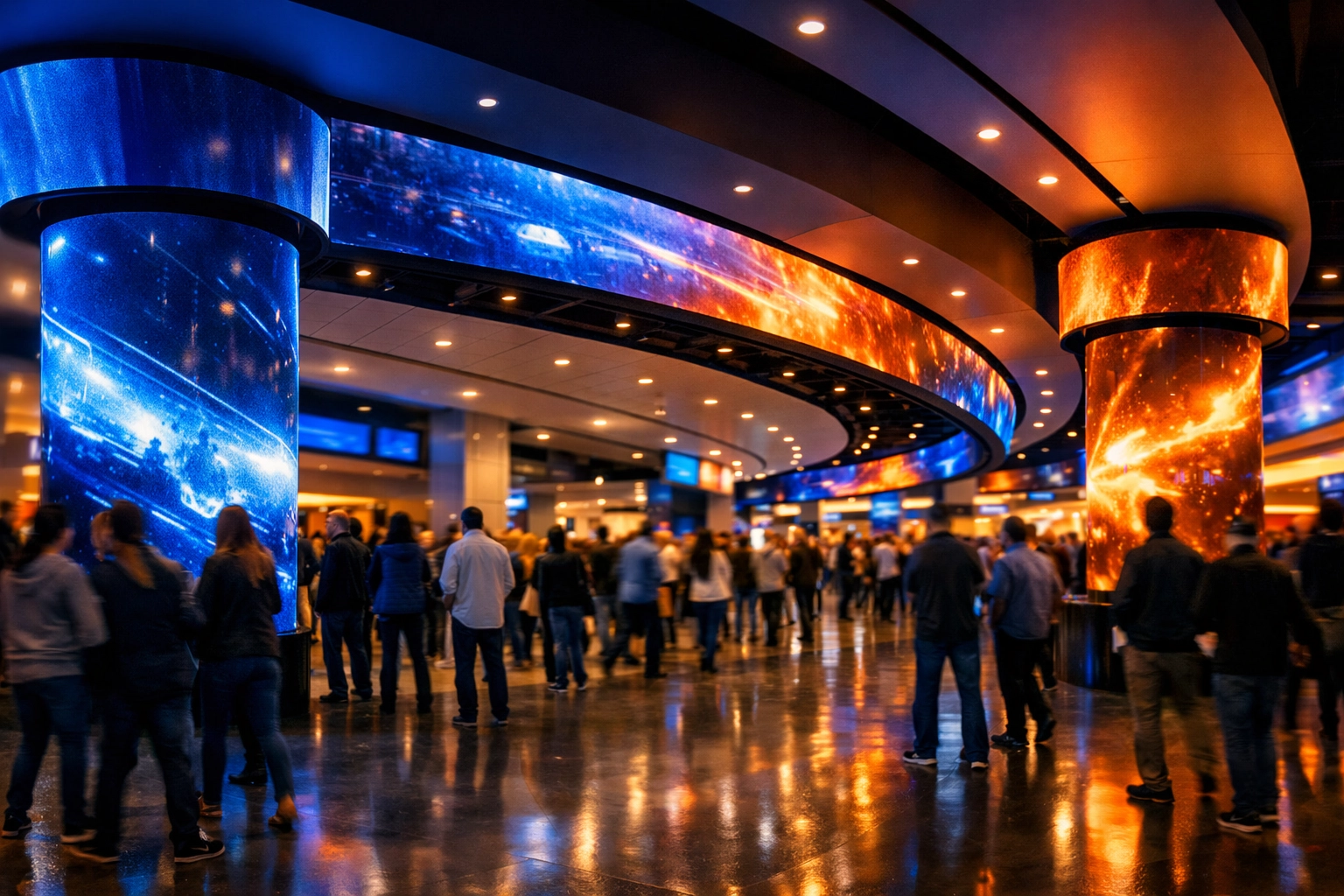 Strategic dynamic media platforms in a sports arena concourse driving sponsorship revenue growth.