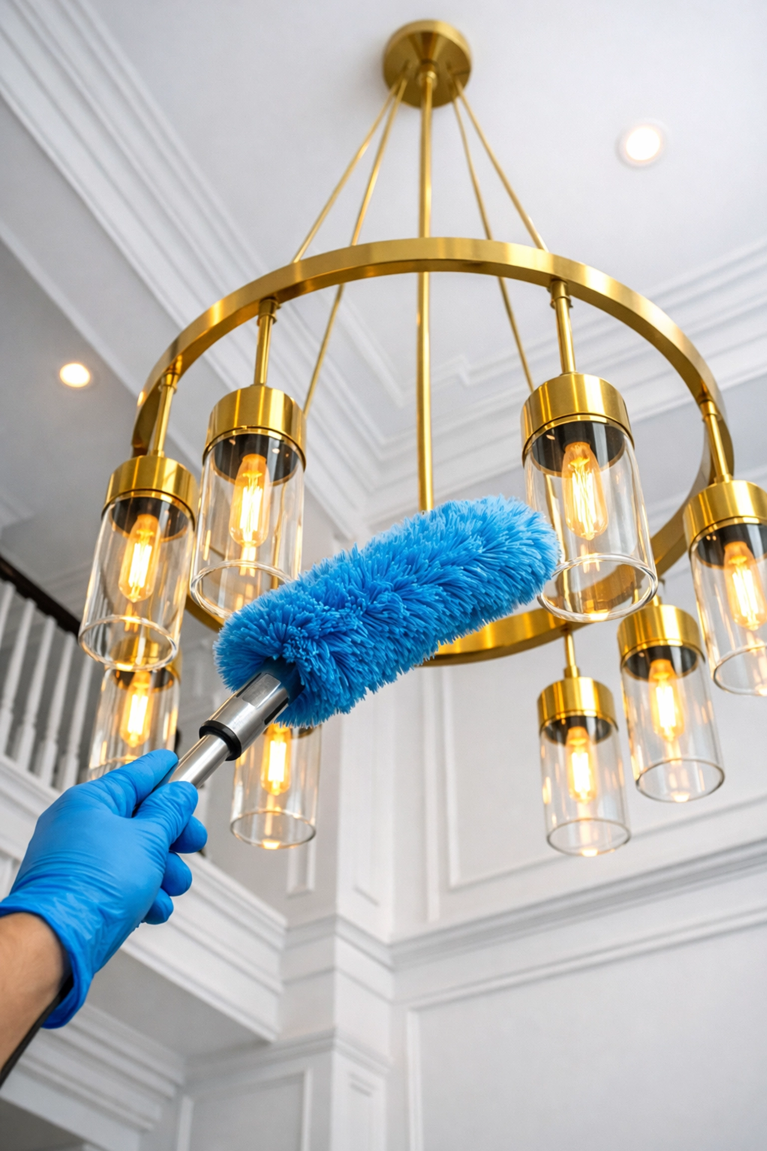 Professional cleaner dusting high light fixtures using deep cleaning services in a Massachusetts home.