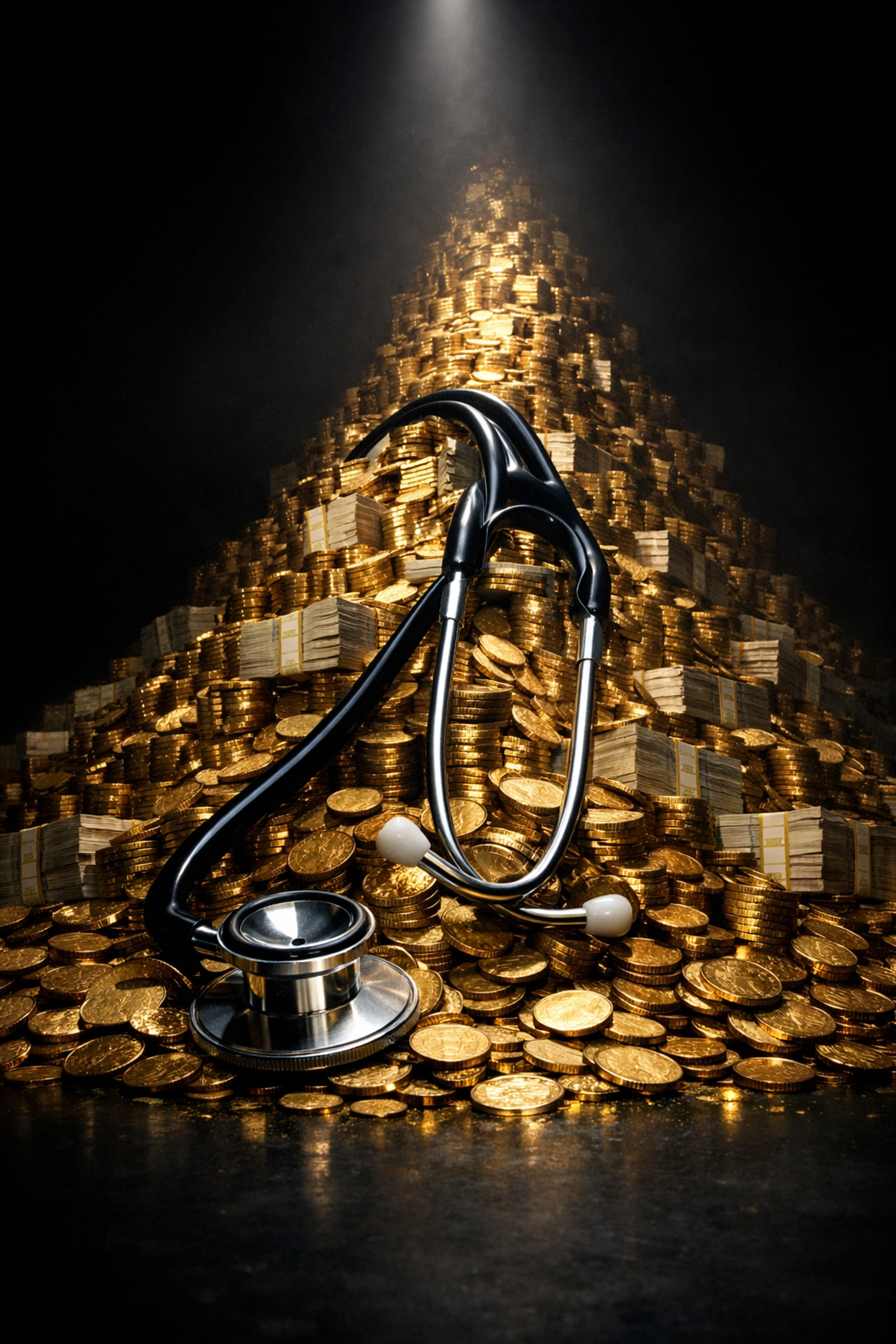 A medical stethoscope resting on a massive pile of gold coins representing rising healthcare costs and inflation.