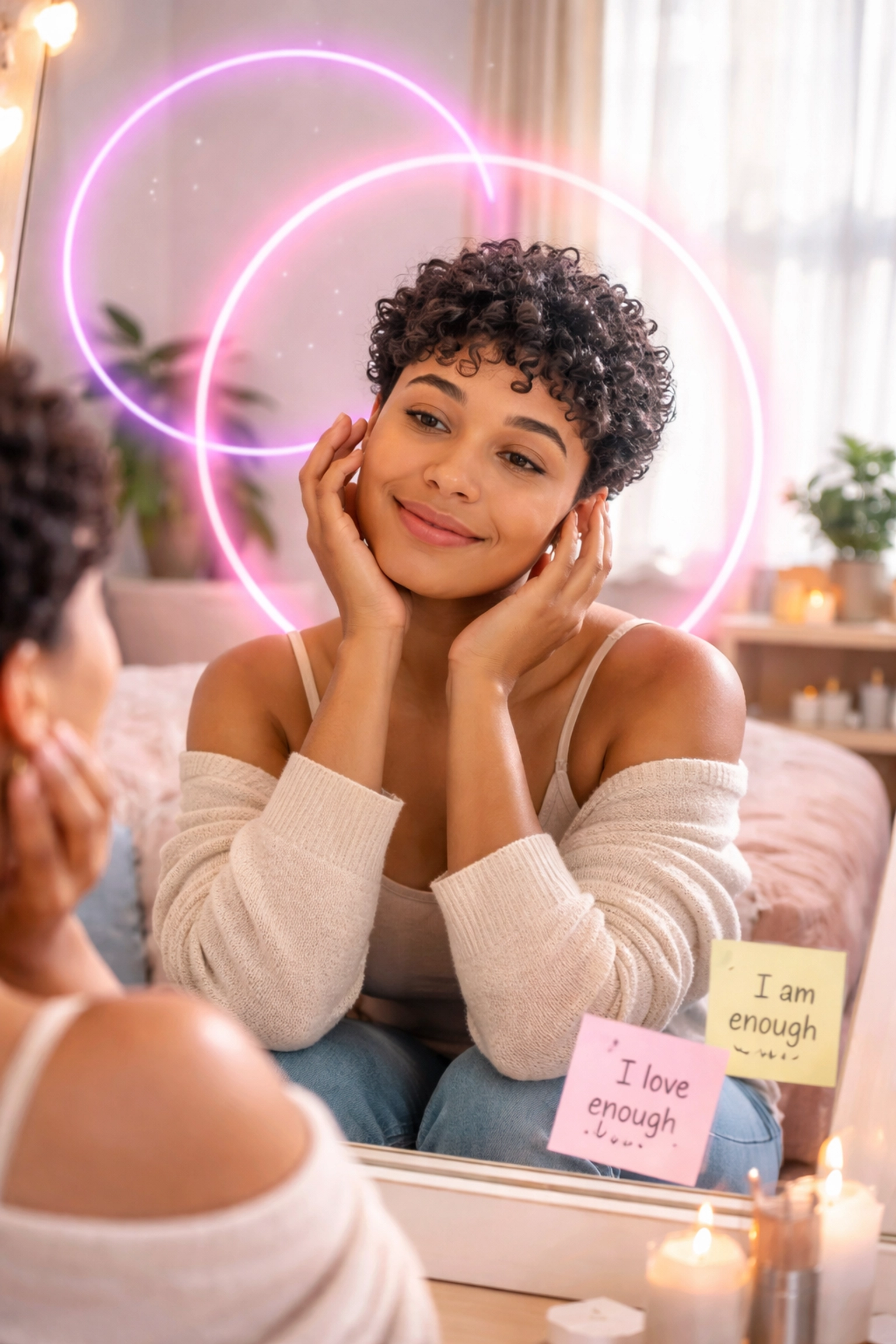 Person practicing self-acceptance in a bedroom, reflecting on their crossdressing journey