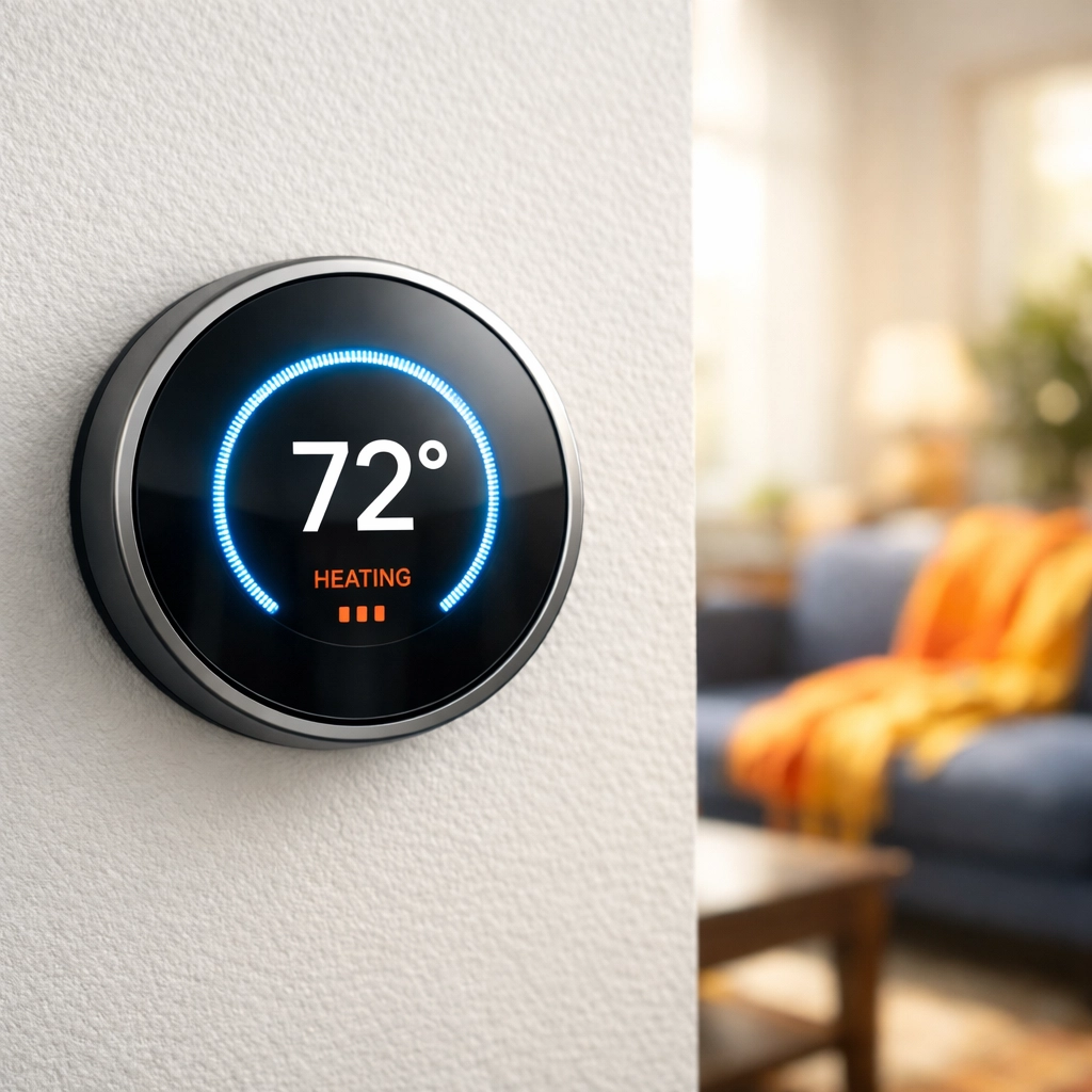Modern smart thermostat on a white wall in a sun-filled room, managing energy efficiency and indoor climate.